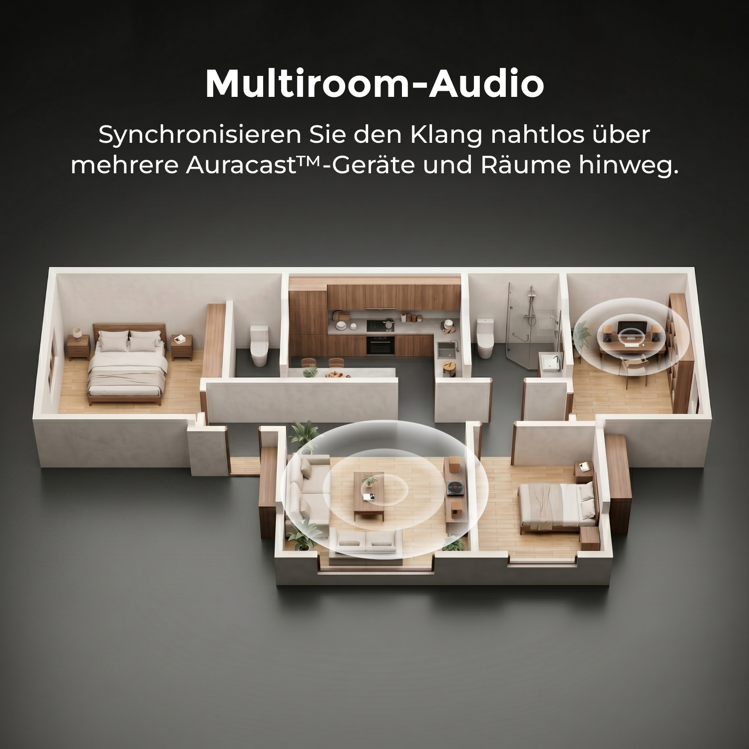 Planimetria 3D di un appartamento con onde audio multiroom che si propagano.