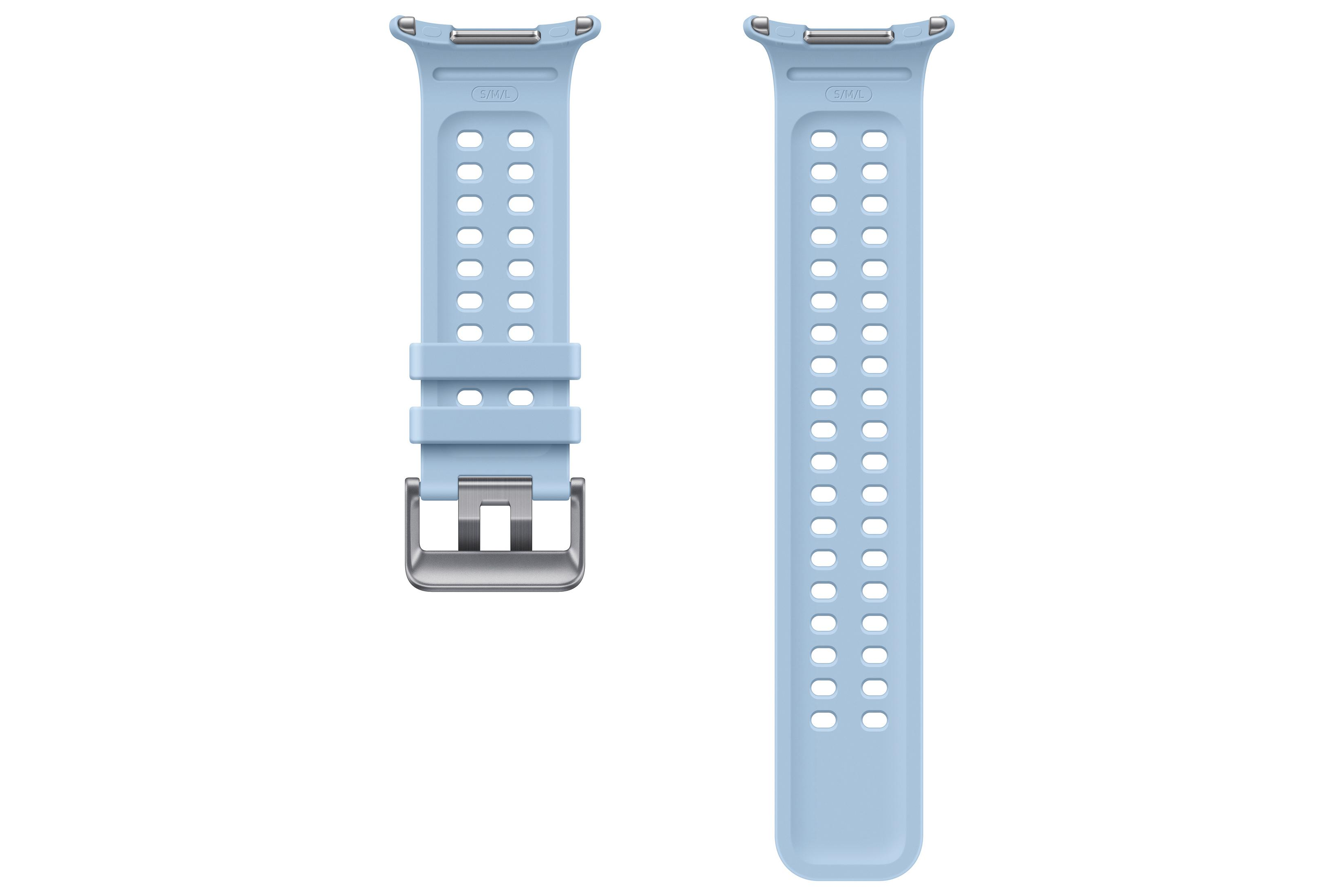 Cinturino per orologio sportivo in silicone azzurro con fibbia argentata.