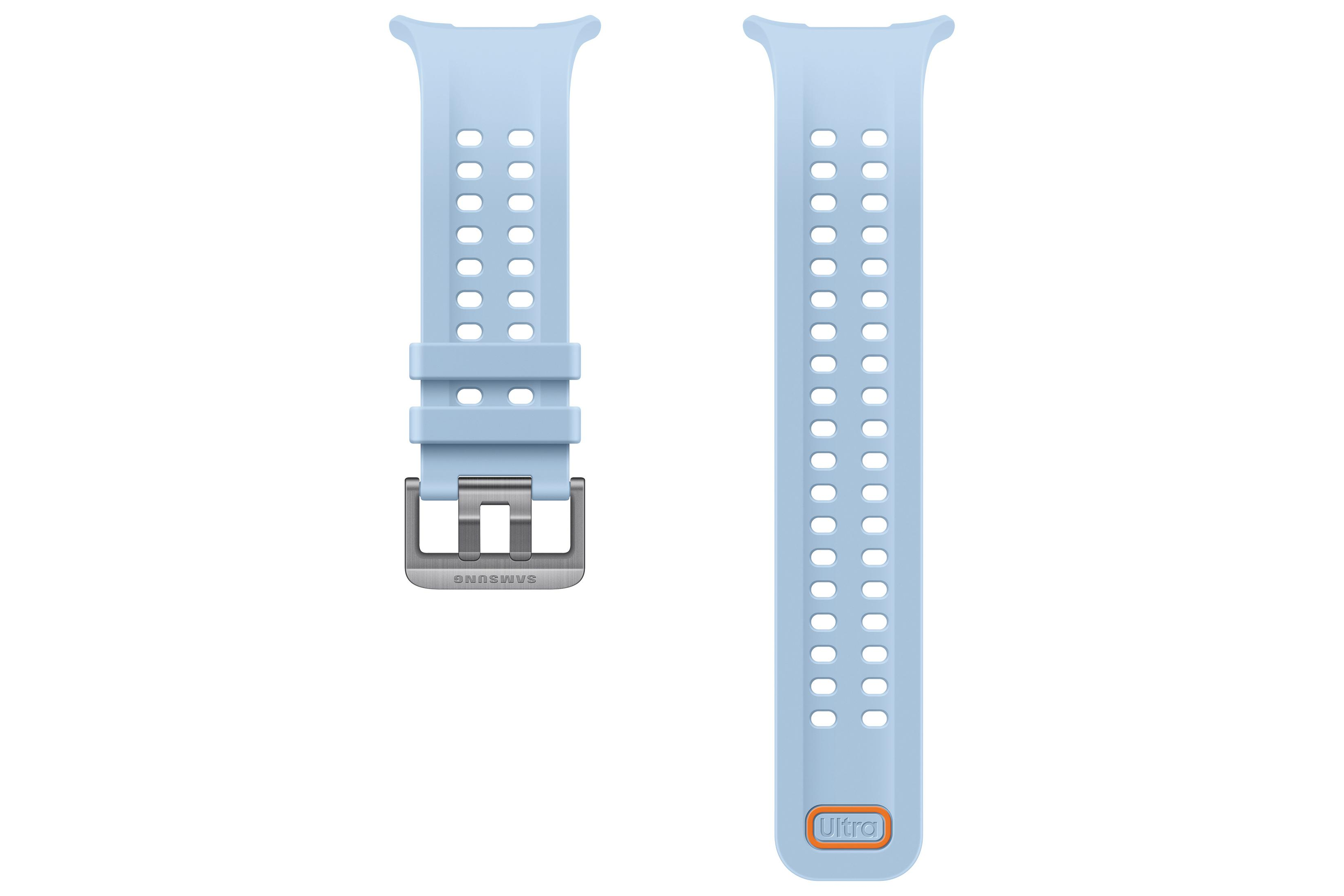 Cinturino per orologio in silicone perforato azzurro con fibbia argentata e testo Ultra su sfondo bianco.