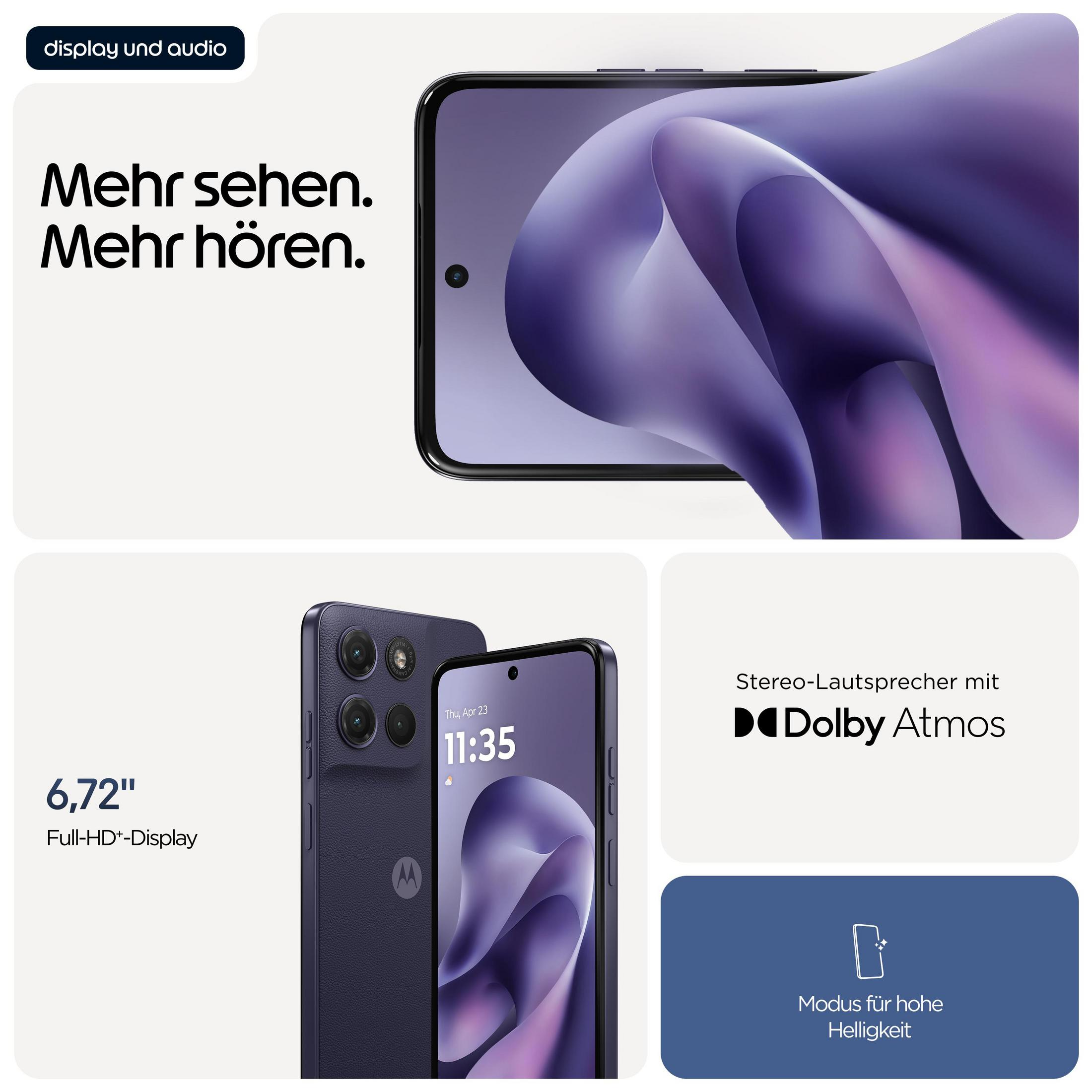 Un anuncio de smartphone destacando su pantalla, audio, tamaño y modo de brillo.
