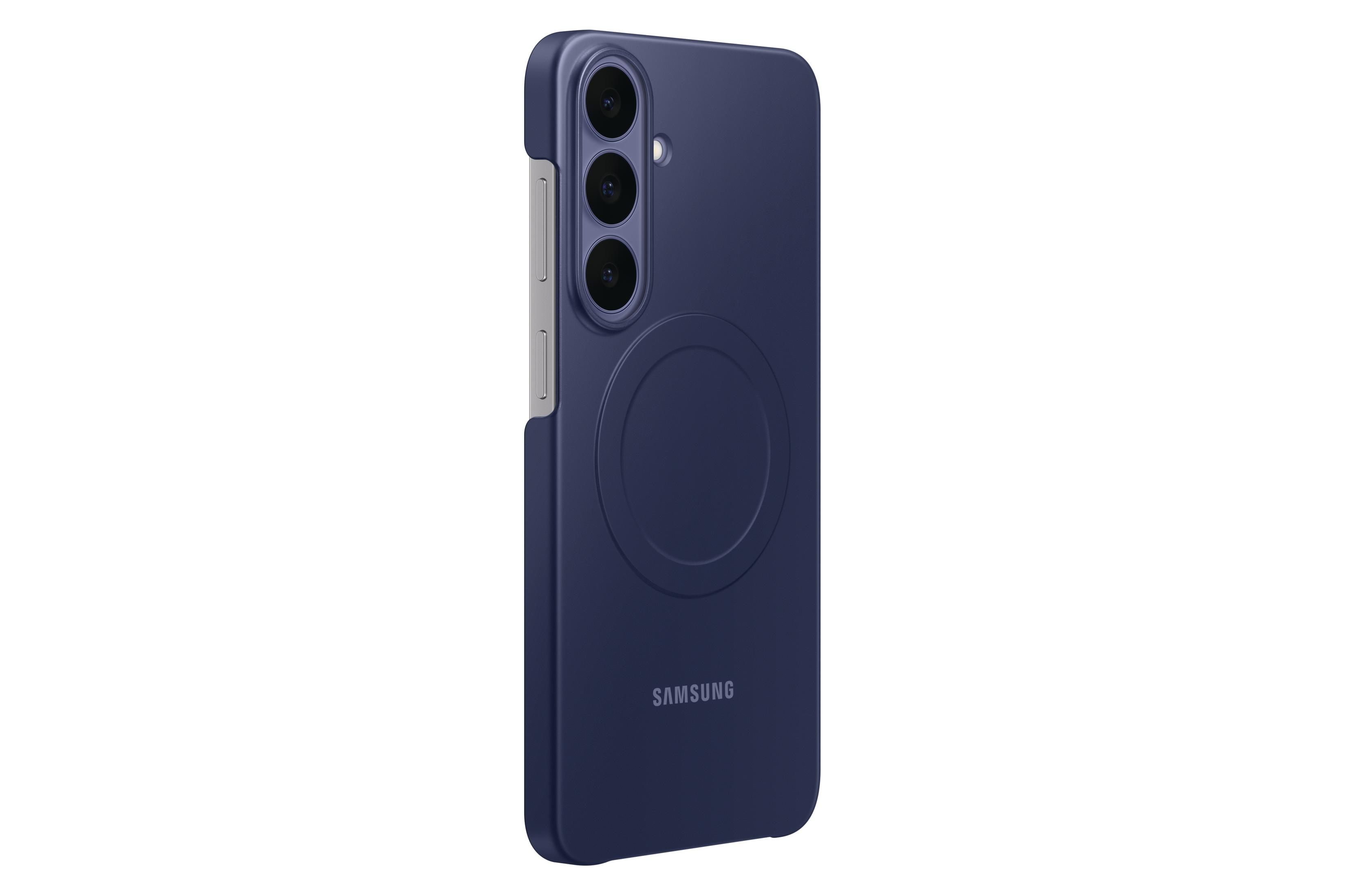 Custodia per telefono Samsung blu scuro con fotocamere posteriori, magnete circolare e logo Samsung.