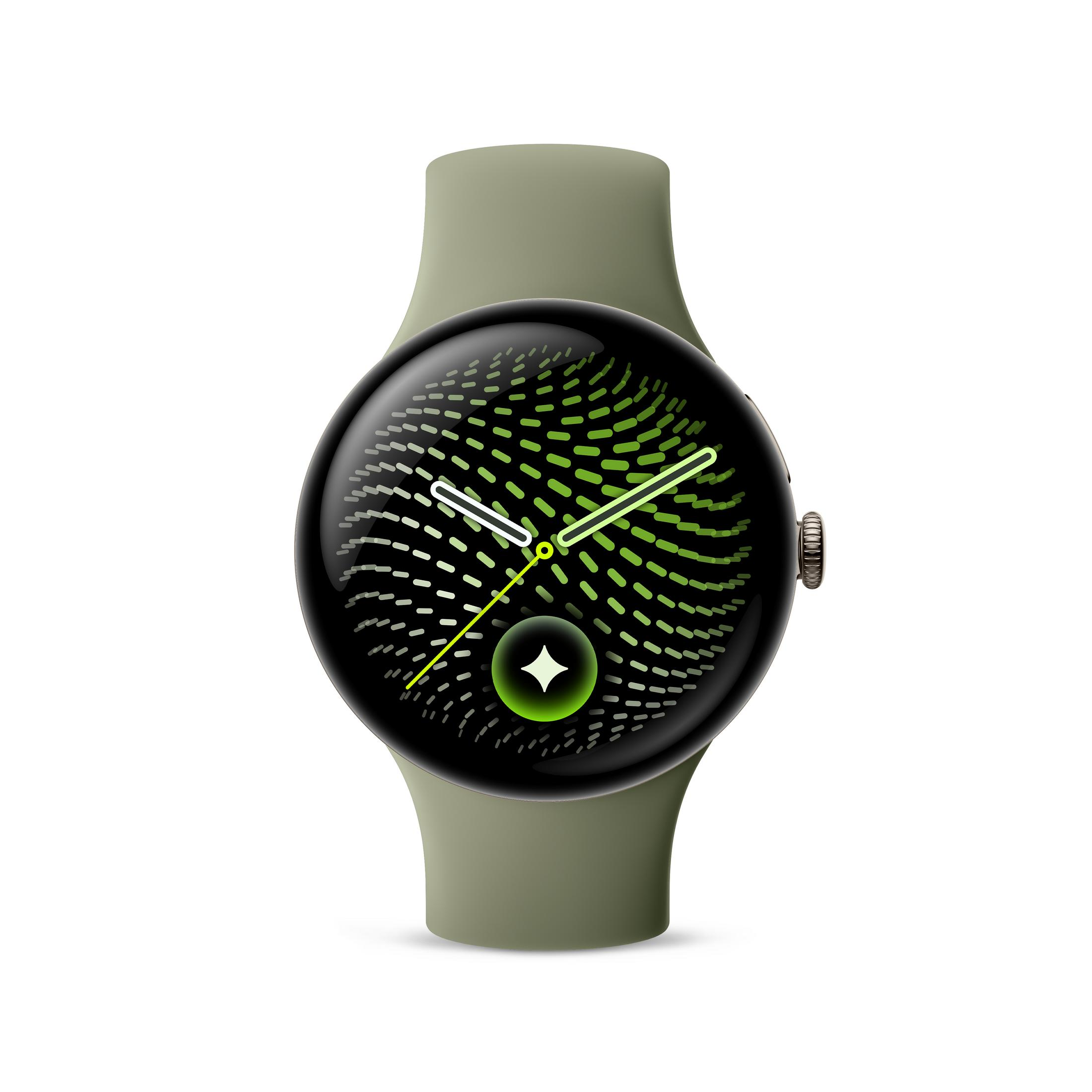 Uno smartwatch verde con display rotondo mostra motivi e lancette verdi su sfondo nero.