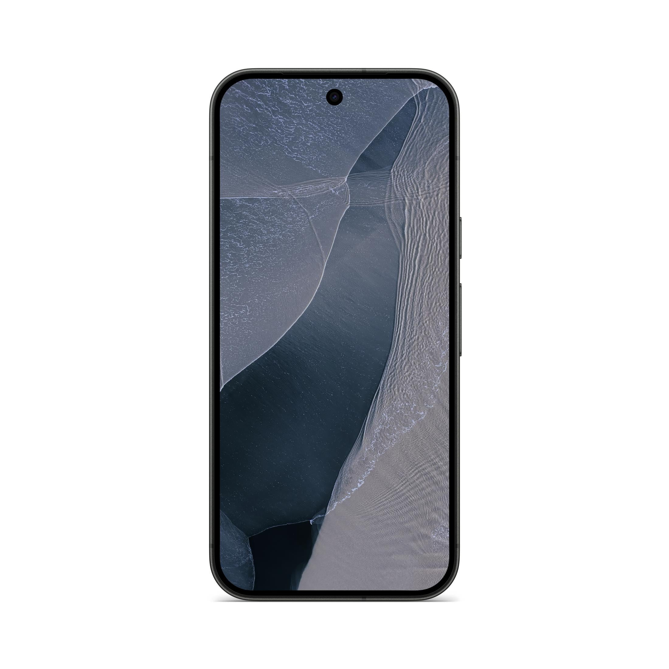 Czarny smartfon z zaokrąglonymi rogami wyświetla abstrakcyjny, falisty wzór w odcieniach niebieskiego i szarego.