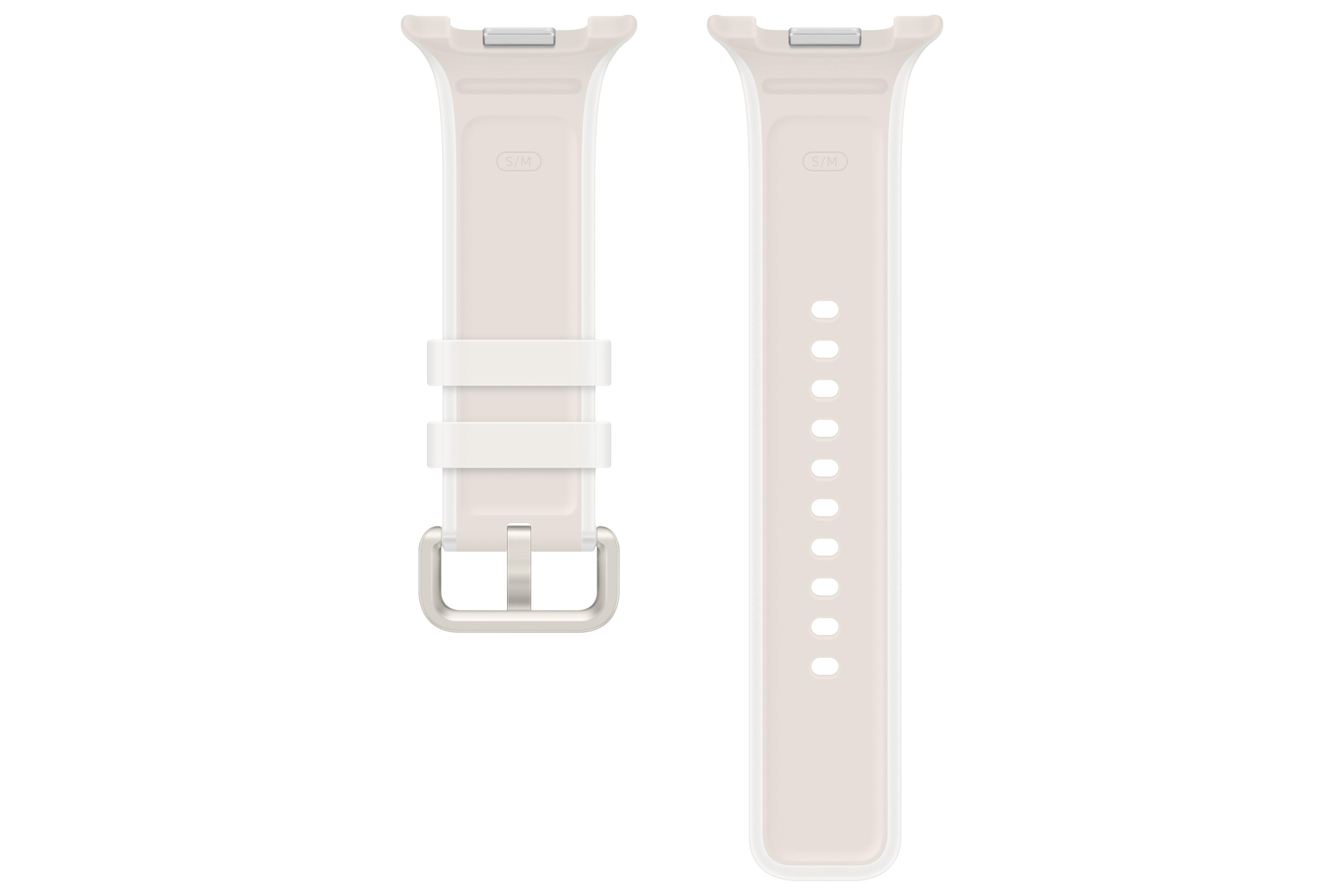 Un cinturino per smartwatch bianco in due pezzi con fibbia argentata su sfondo bianco.