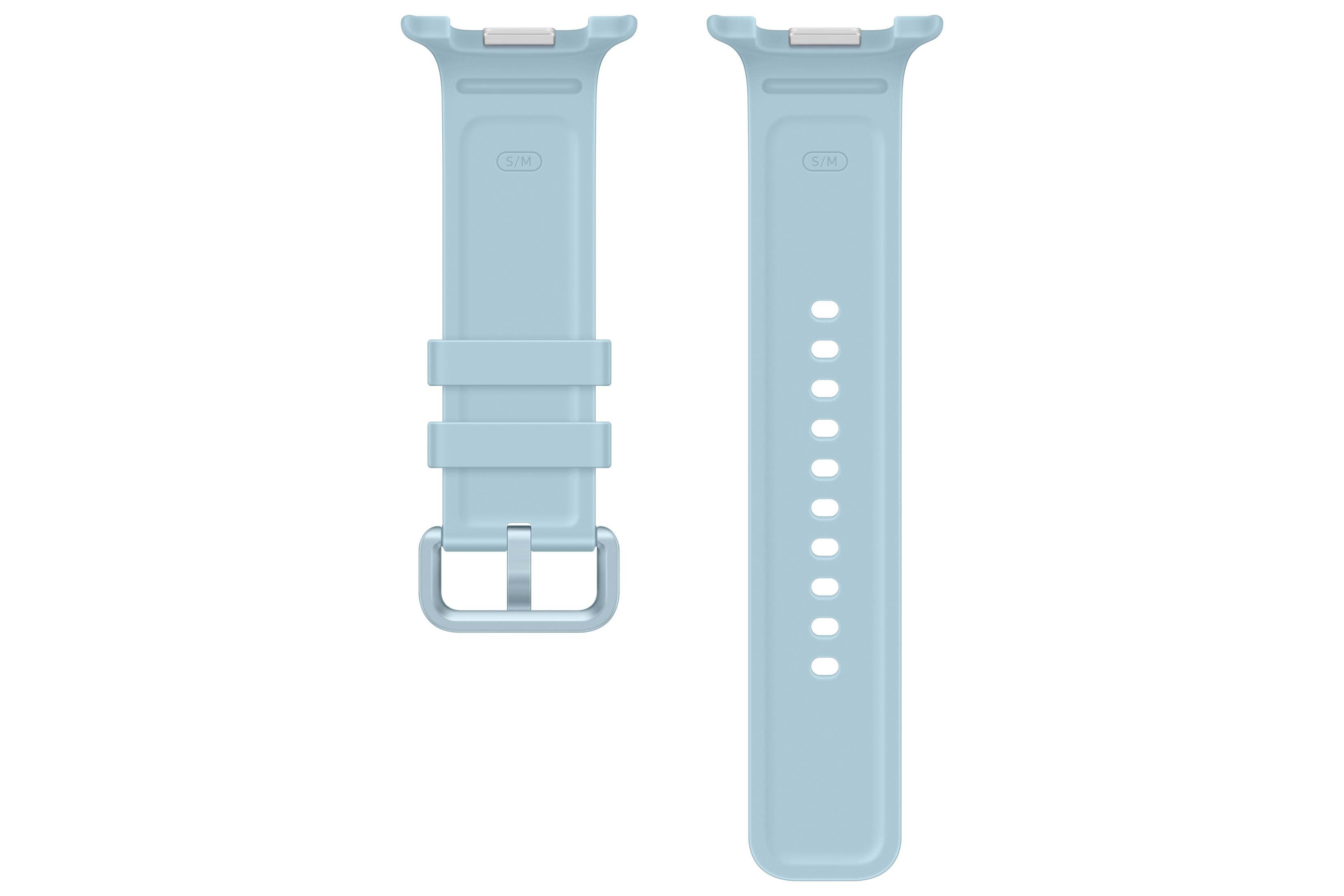 Cinturino per smartwatch in silicone azzurro con fibbia e fori.