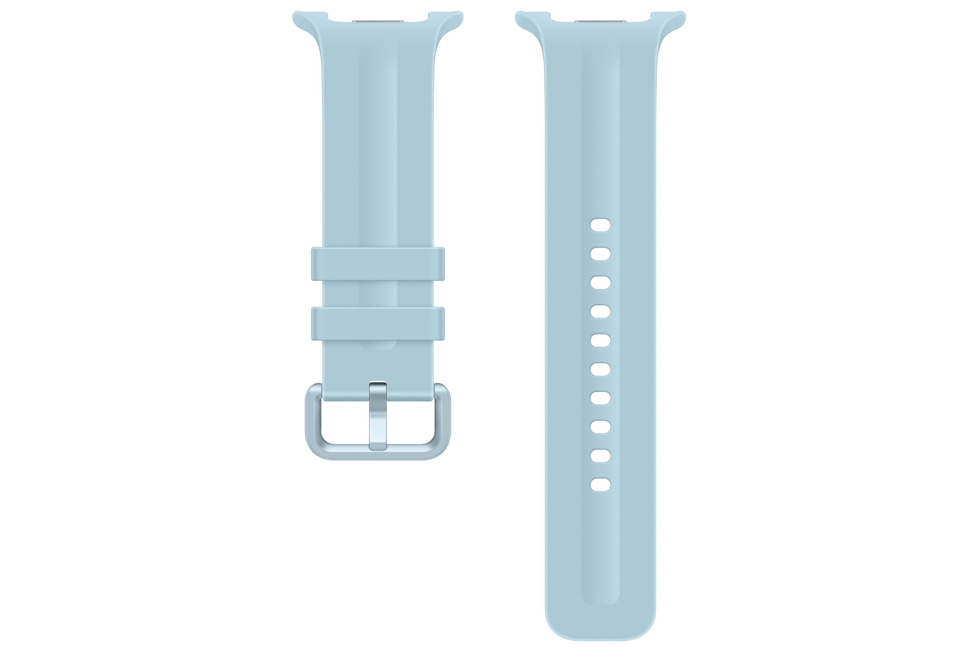 Cinturino per smartwatch in silicone azzurro con fibbia e fori su sfondo bianco.