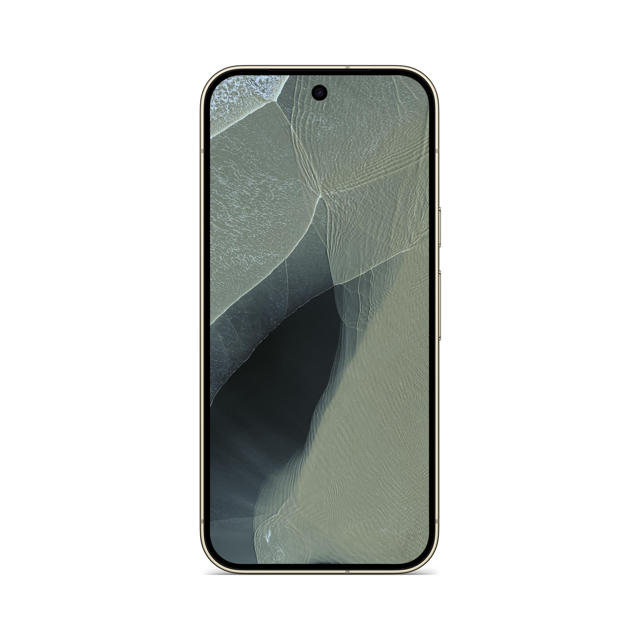 Złoty smartfon z ekranem przedstawiającym widok z góry na fale oceanu.