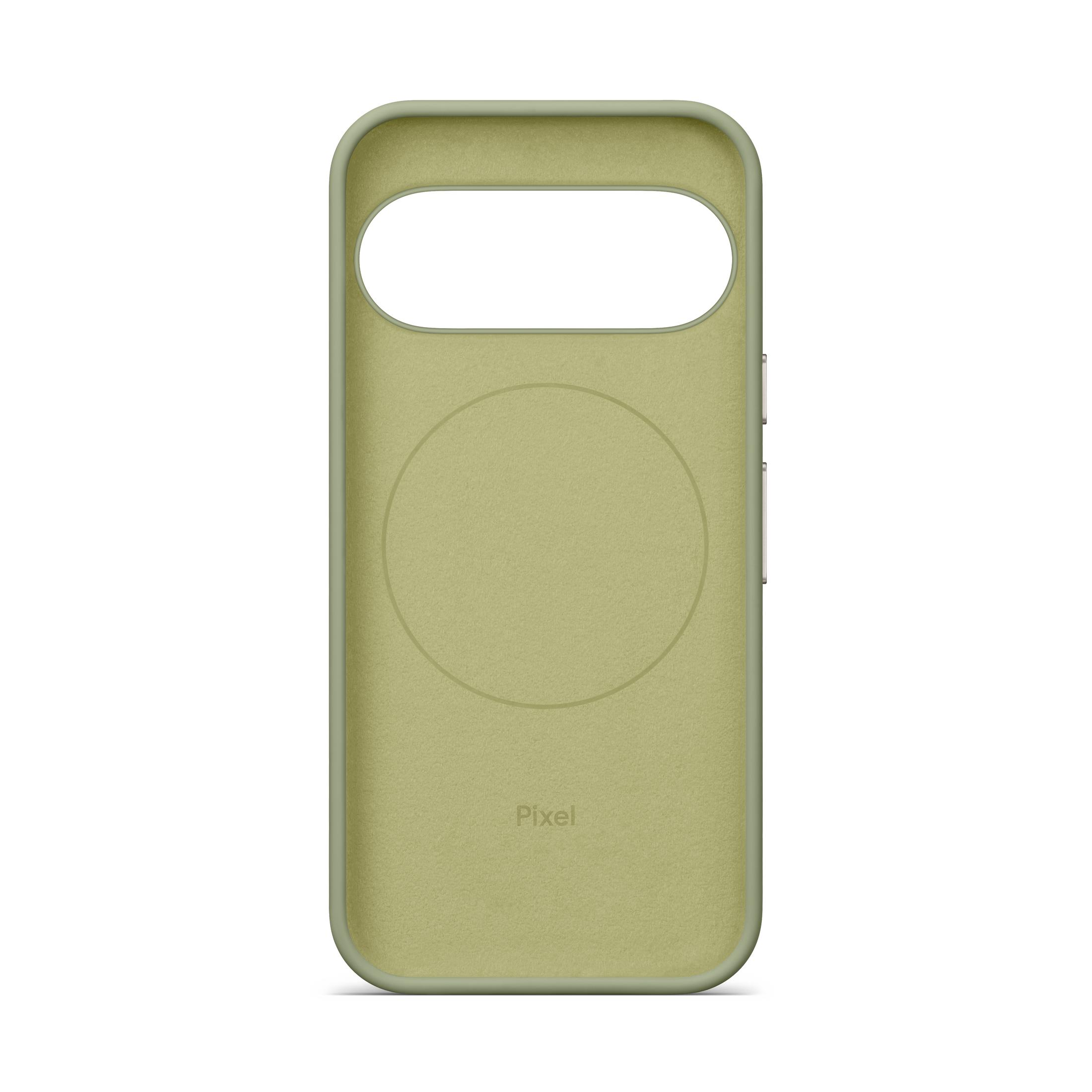 Ein mattgrünes Smartphone-Schutzcover mit kreisförmigem Muster im Inneren und dem Pixel-Logo unten.