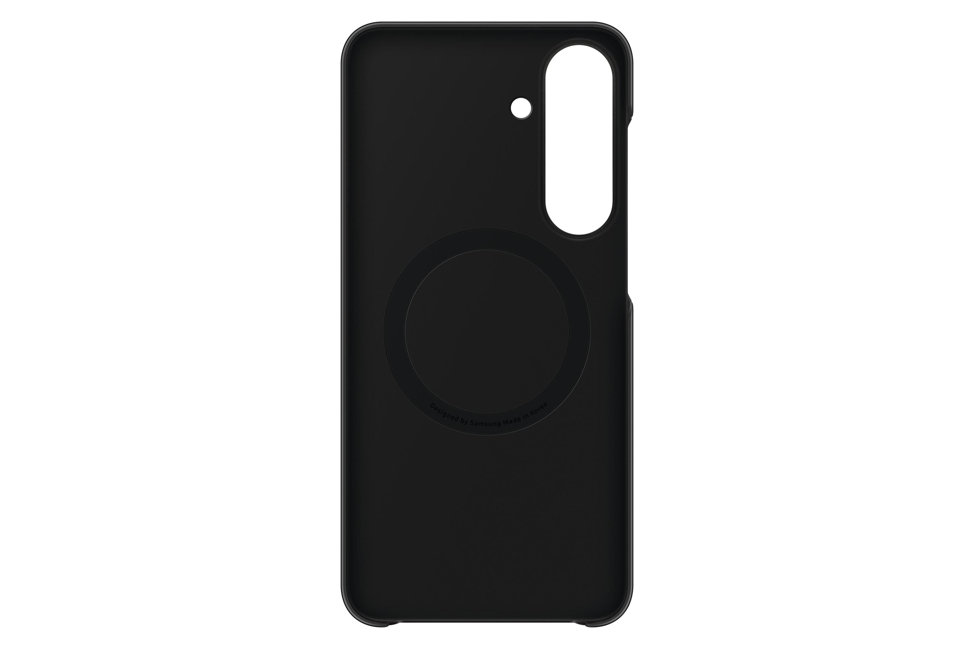 Custodia per smartphone nera con foro per fotocamera e anello magnetico sul retro.