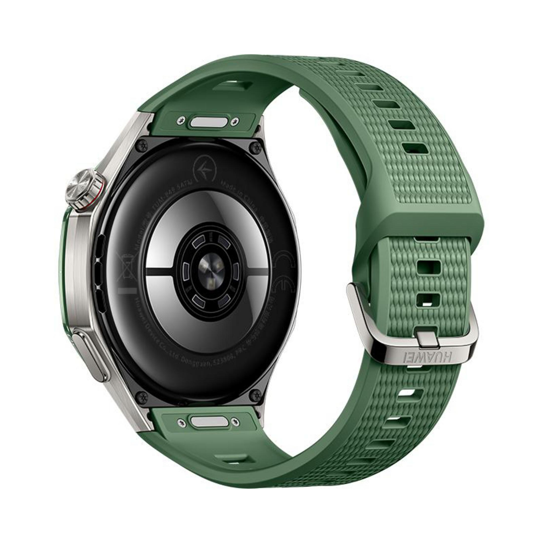 Il retro di uno smartwatch verde con sensori e cassa in metallo.