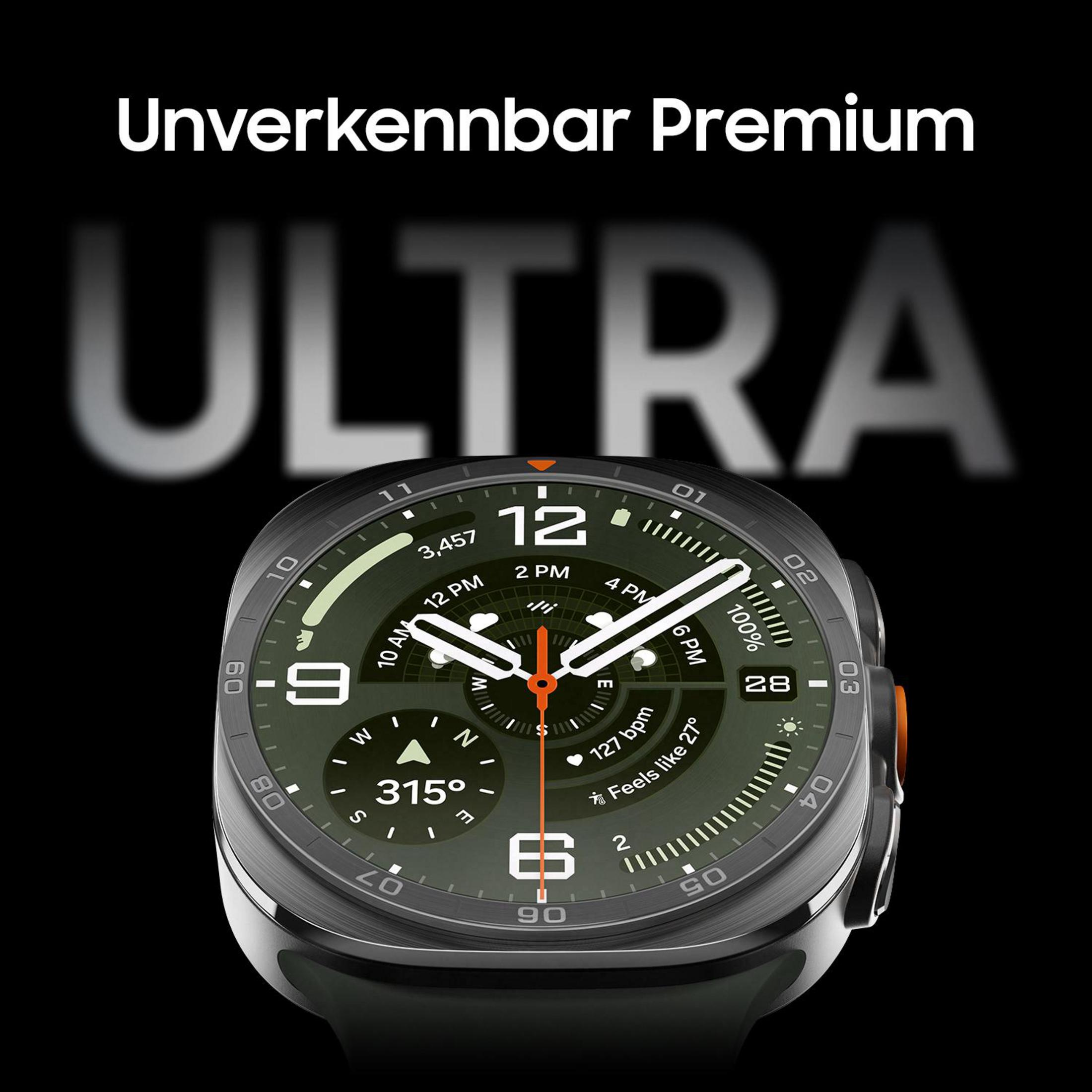 Uno smartwatch Samsung con quadrante verde e testo ULTRA sullo sfondo.