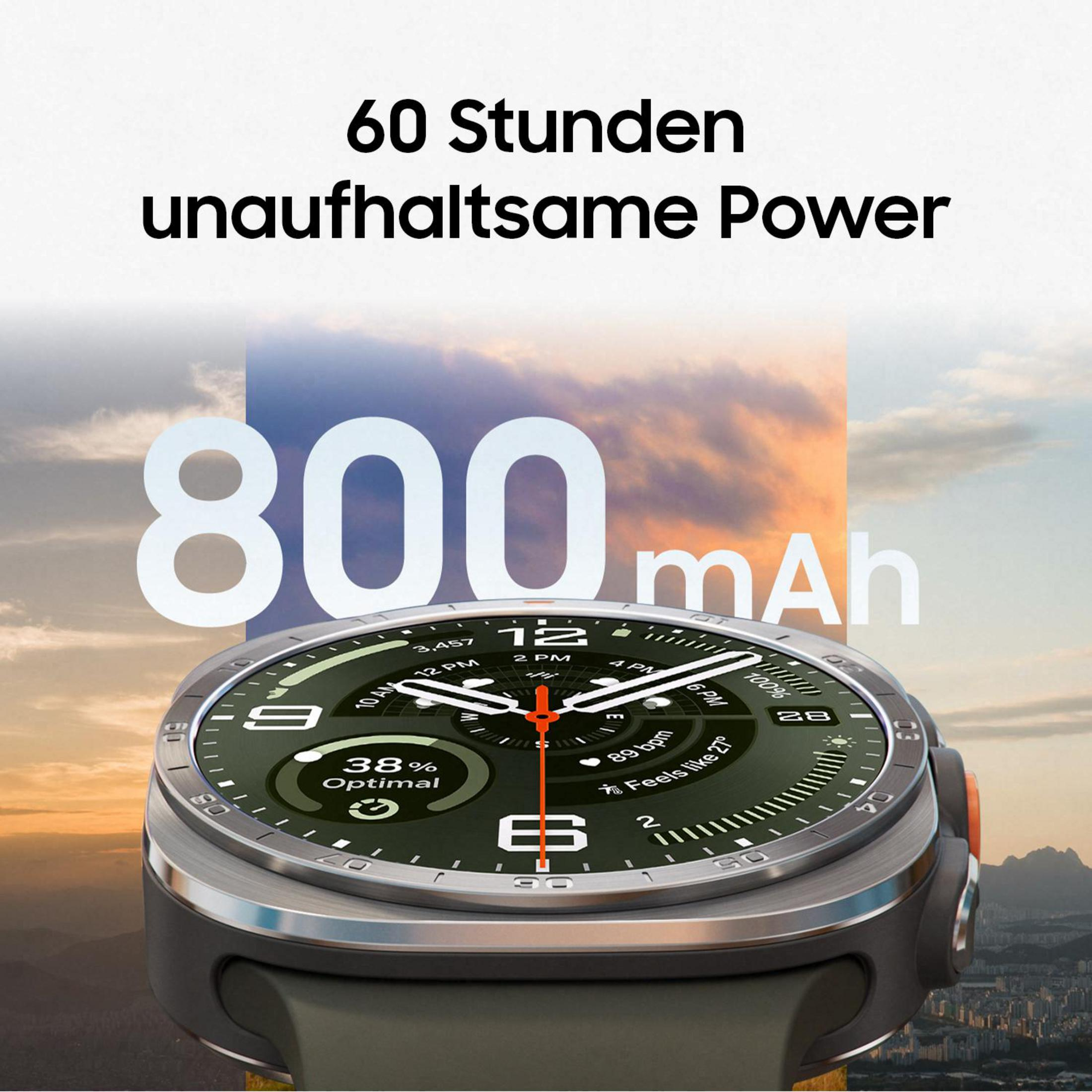 Uno smartwatch mostra il 38% di batteria e 800mAh di potenza davanti a un cielo nuvoloso.