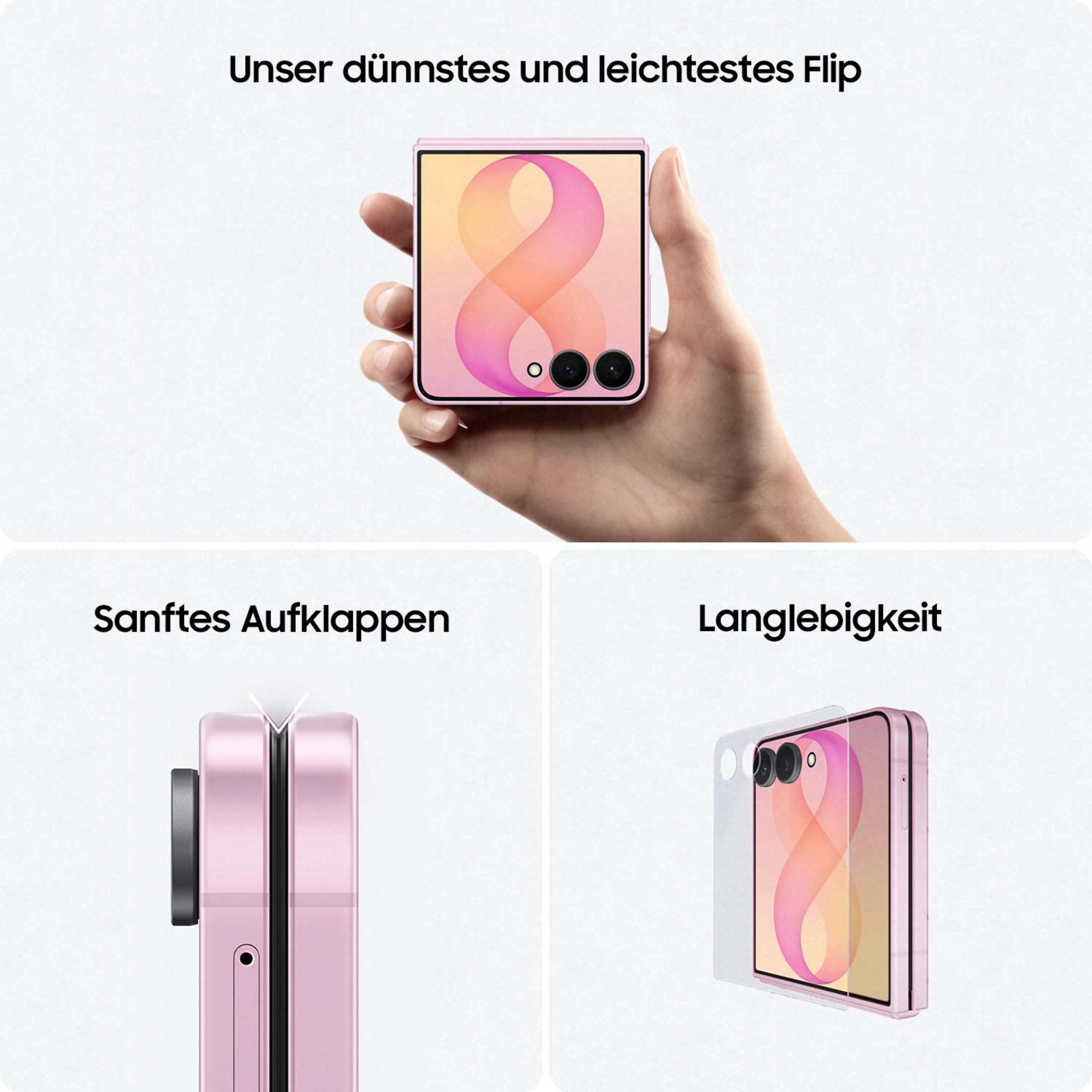 Hand hält ein schmales rosafarbenes Klapphandy mit bunter Anzeige und Dual-Kamera.