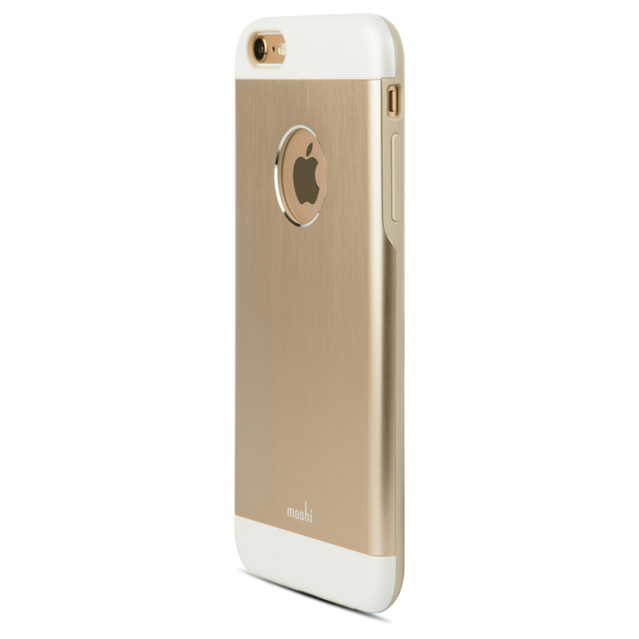 Una funda de smartphone dorada y blanca con el logo de Apple en la parte posterior, sobre fondo blanco.