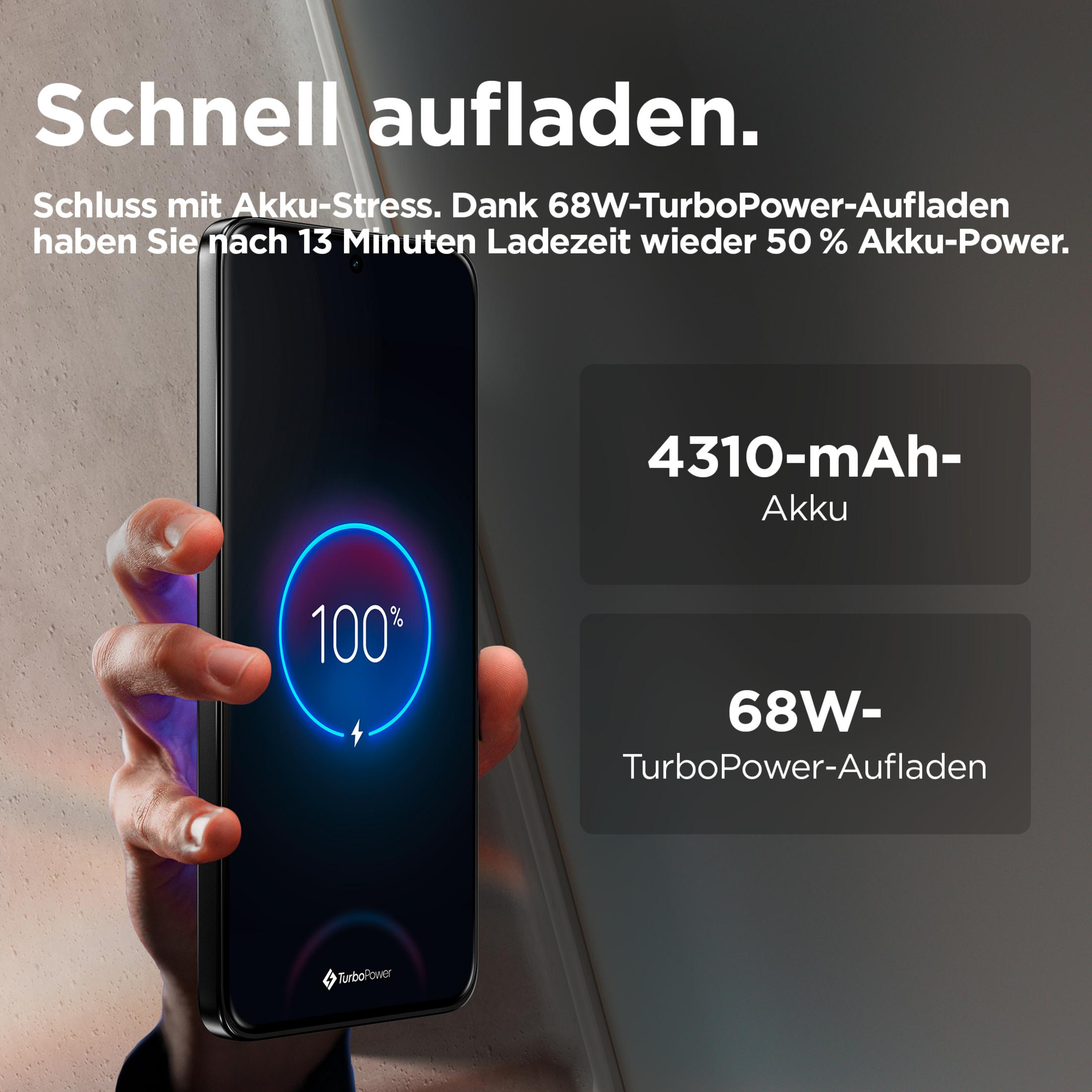 Smartfon w dłoni ze 100% naładowania, baterią 4310 mAh i ładowaniem TurboPower 68W.