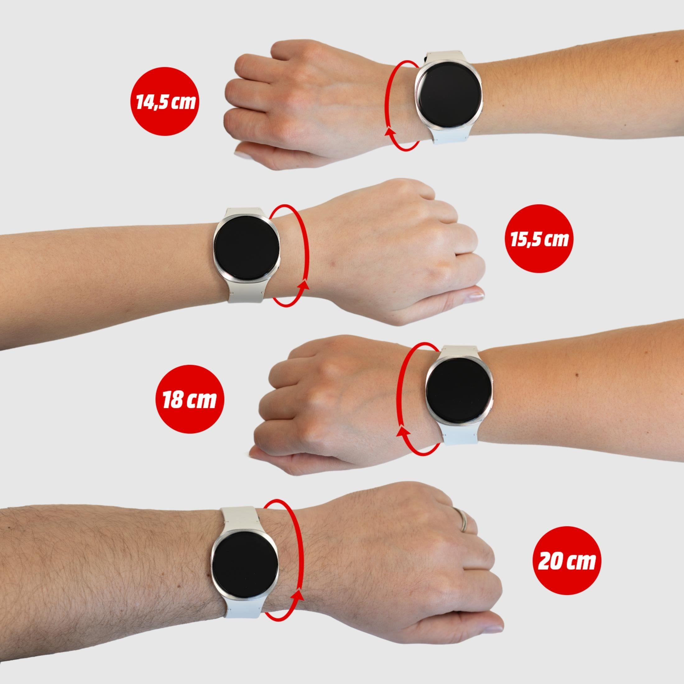 Cztery nadgarstki pokazują biały smartwatch o obwodach od 14,5 do 20 cm.