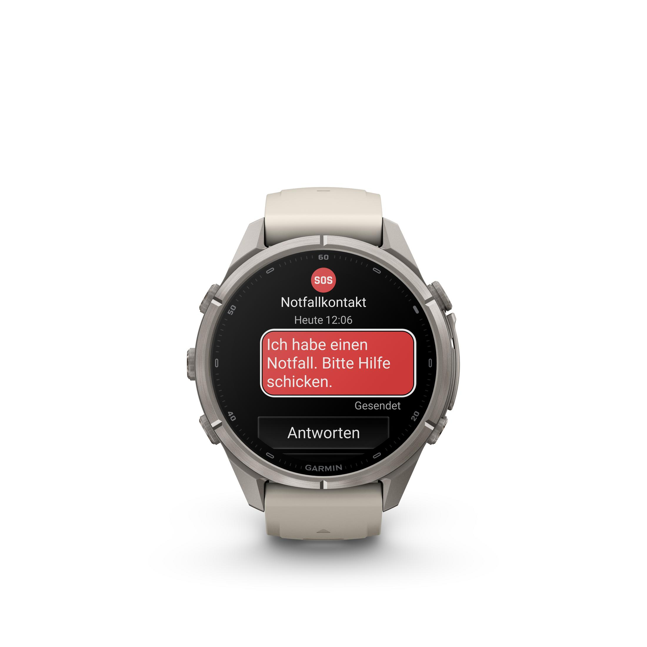 Un reloj inteligente muestra un mensaje de emergencia rojo en su pantalla.
