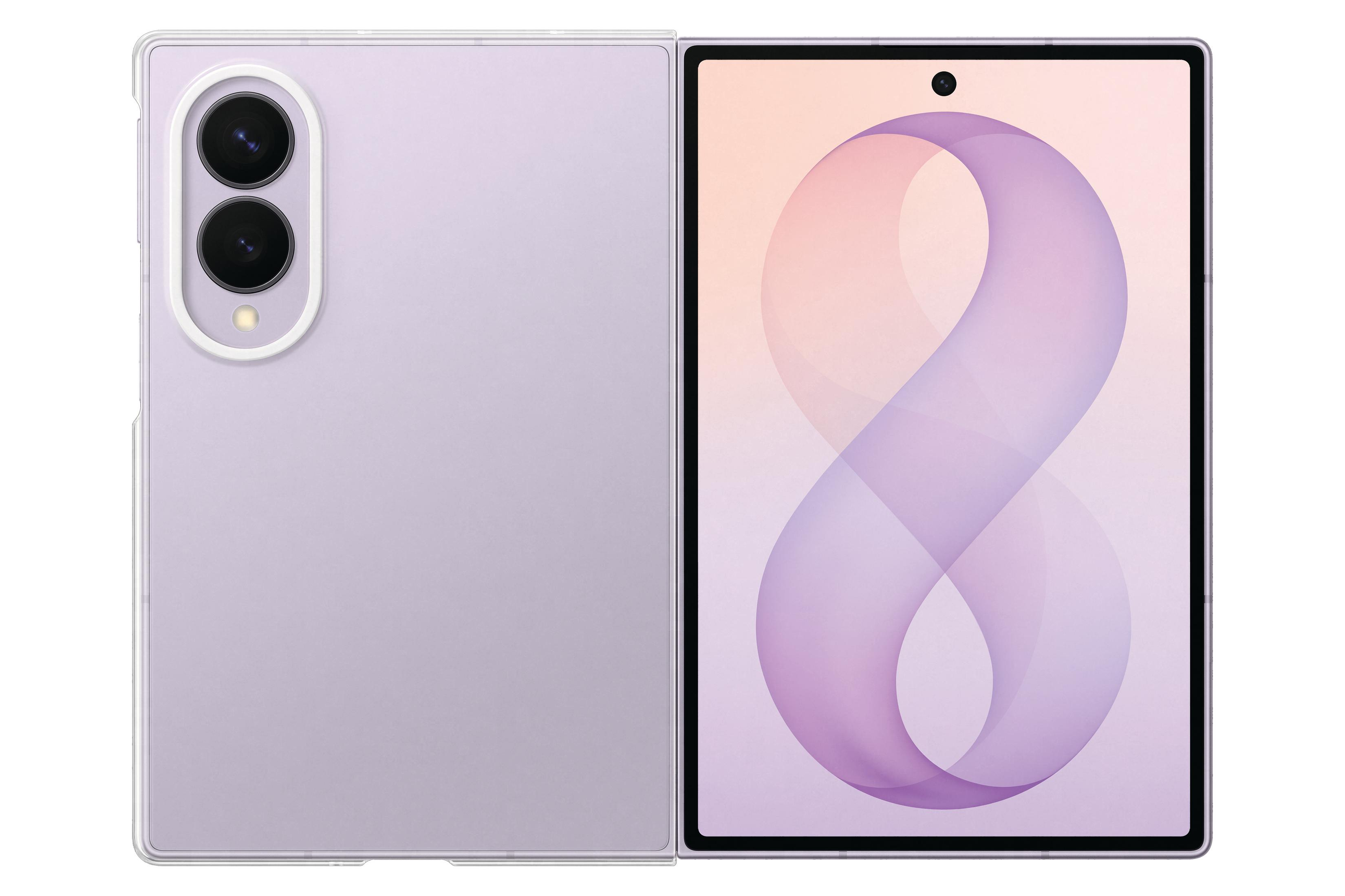 Un smartphone plegable de color morado claro con cámaras traseras verticales y una pantalla abstracta.