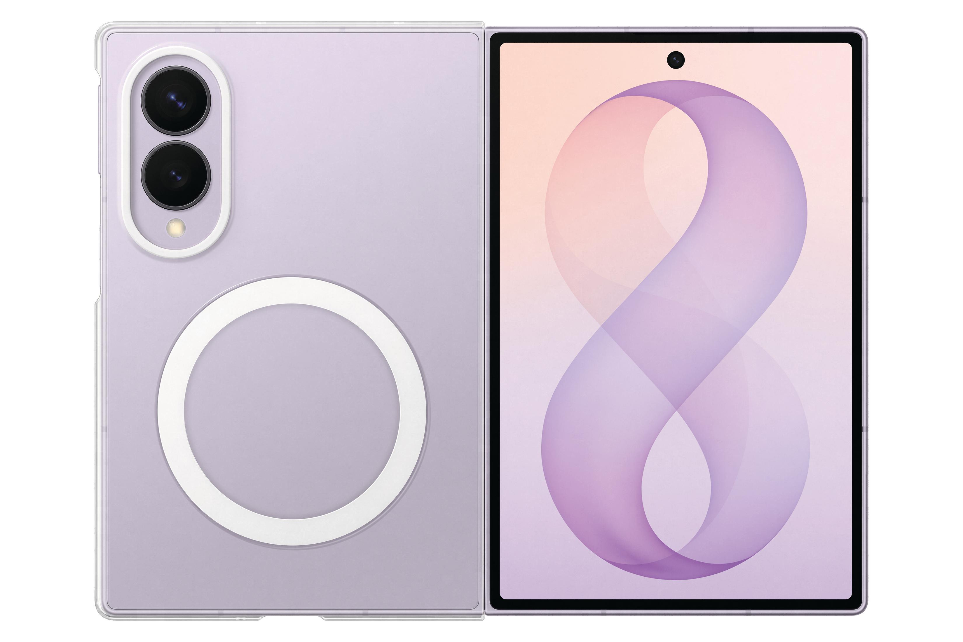 Uno smartphone pieghevole viola mostra la vista anteriore e posteriore con due fotocamere e un anello.