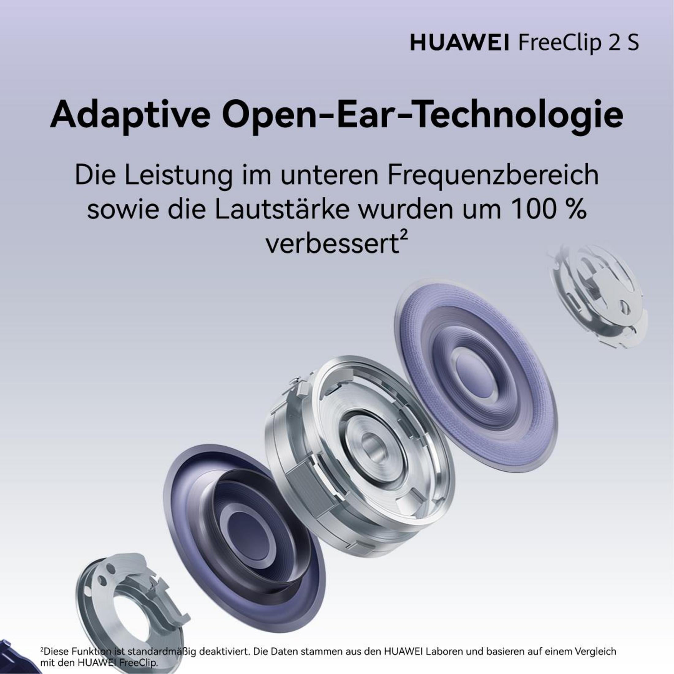 Pubblicità per HUAWEI FreeClip 2 S, che mostra componenti interni e bassi migliorati.