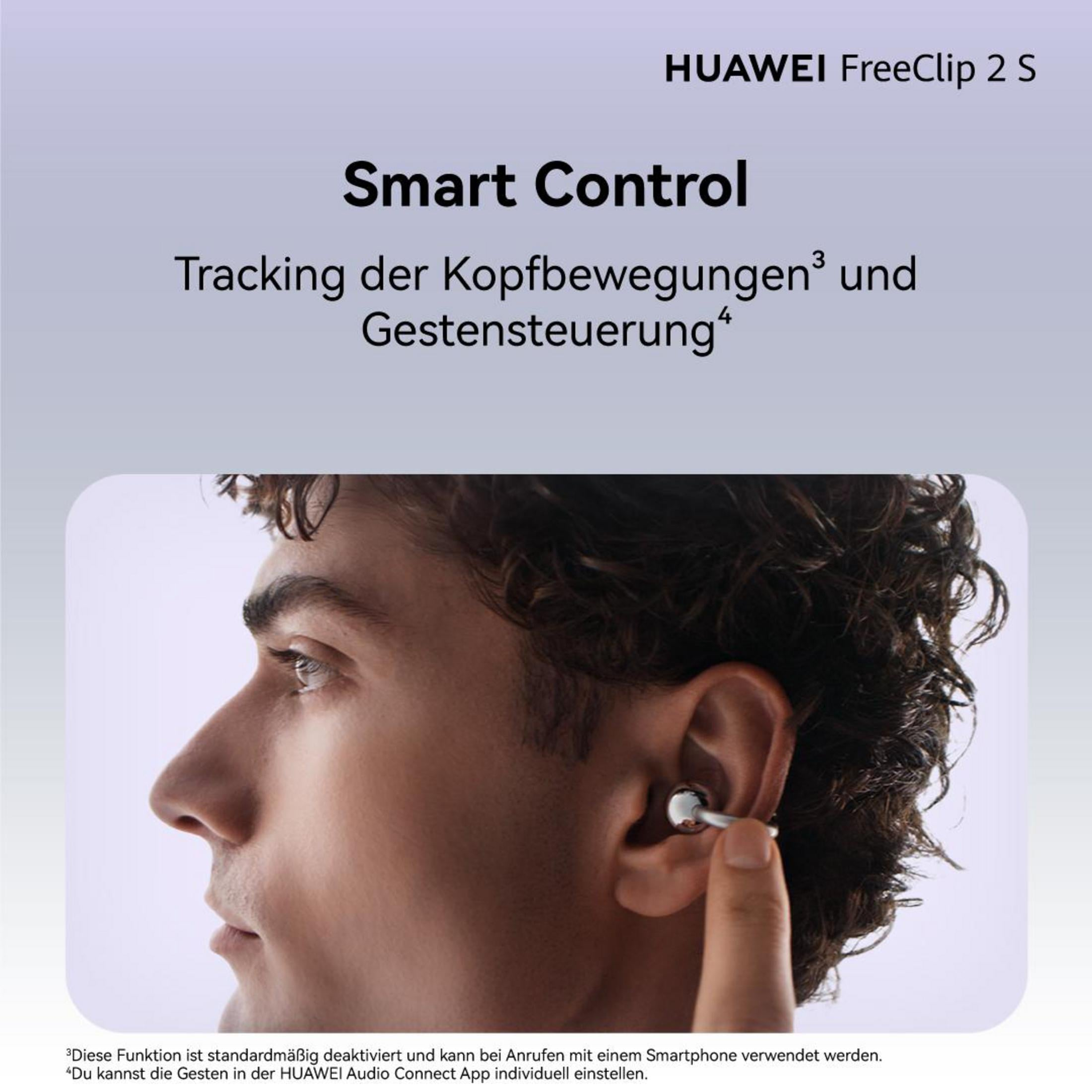 Un uomo indossa un auricolare argentato Huawei FreeClip 2 S, con testo su Smart Control e gesti.