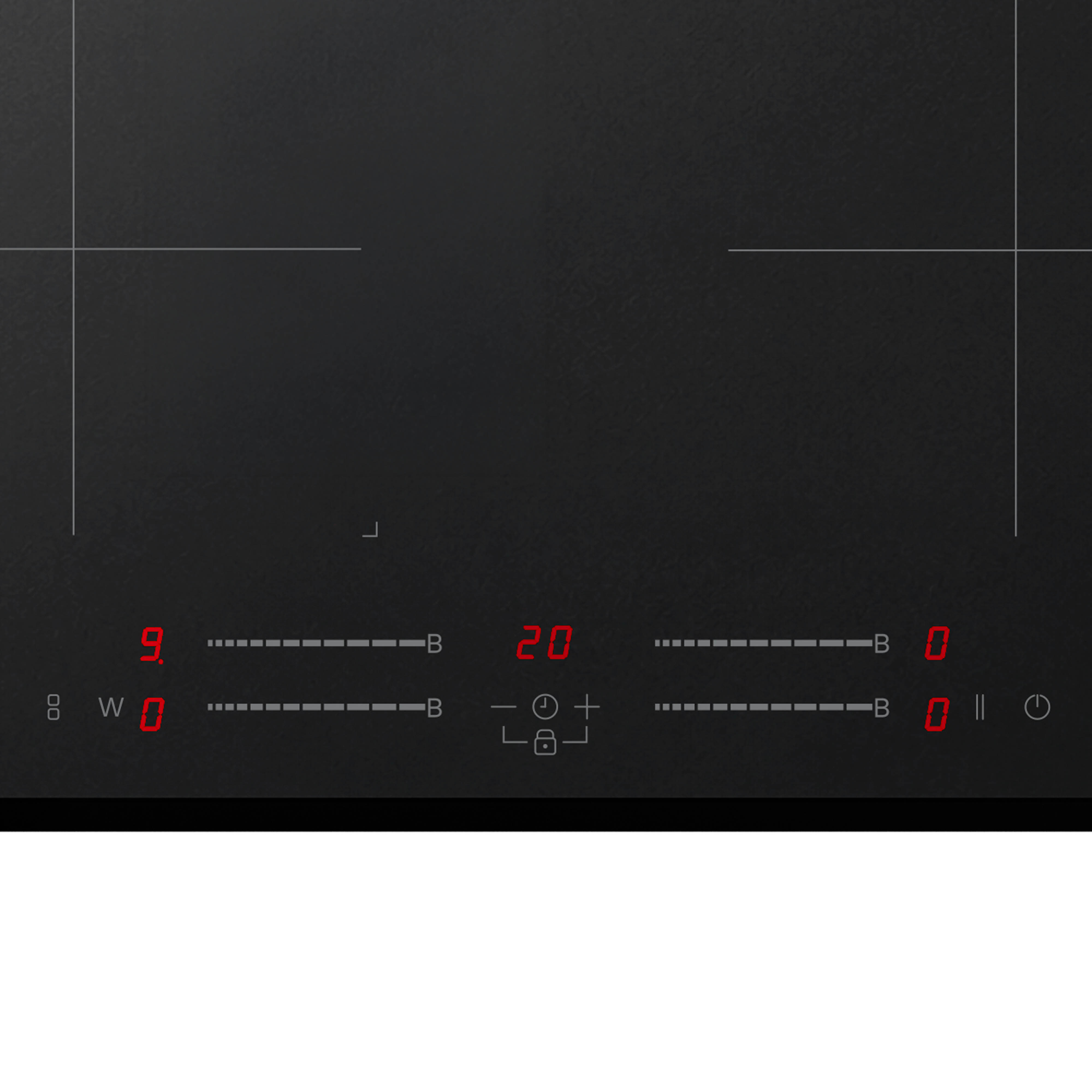 Een zwarte inductiekookplaat met rode led-displays, touch-schuifregelaars en bedieningsiconen.