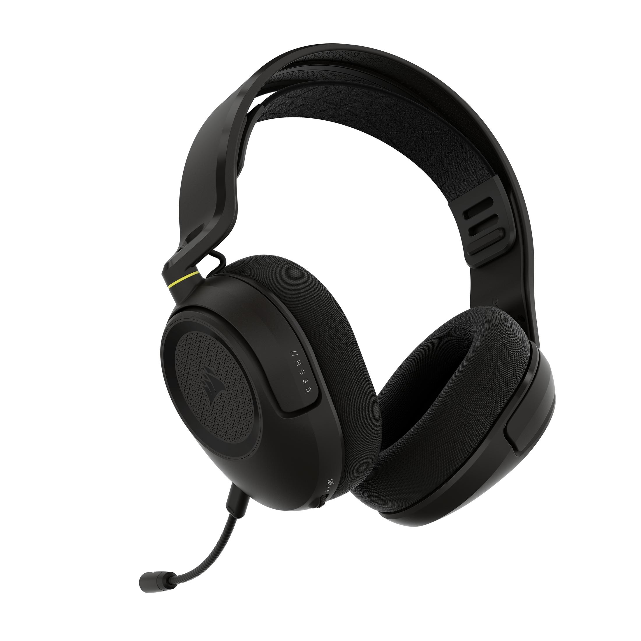 Un paio di cuffie da gioco over-ear nere con microfono integrato e cuscinetti in tessuto su sfondo bianco.