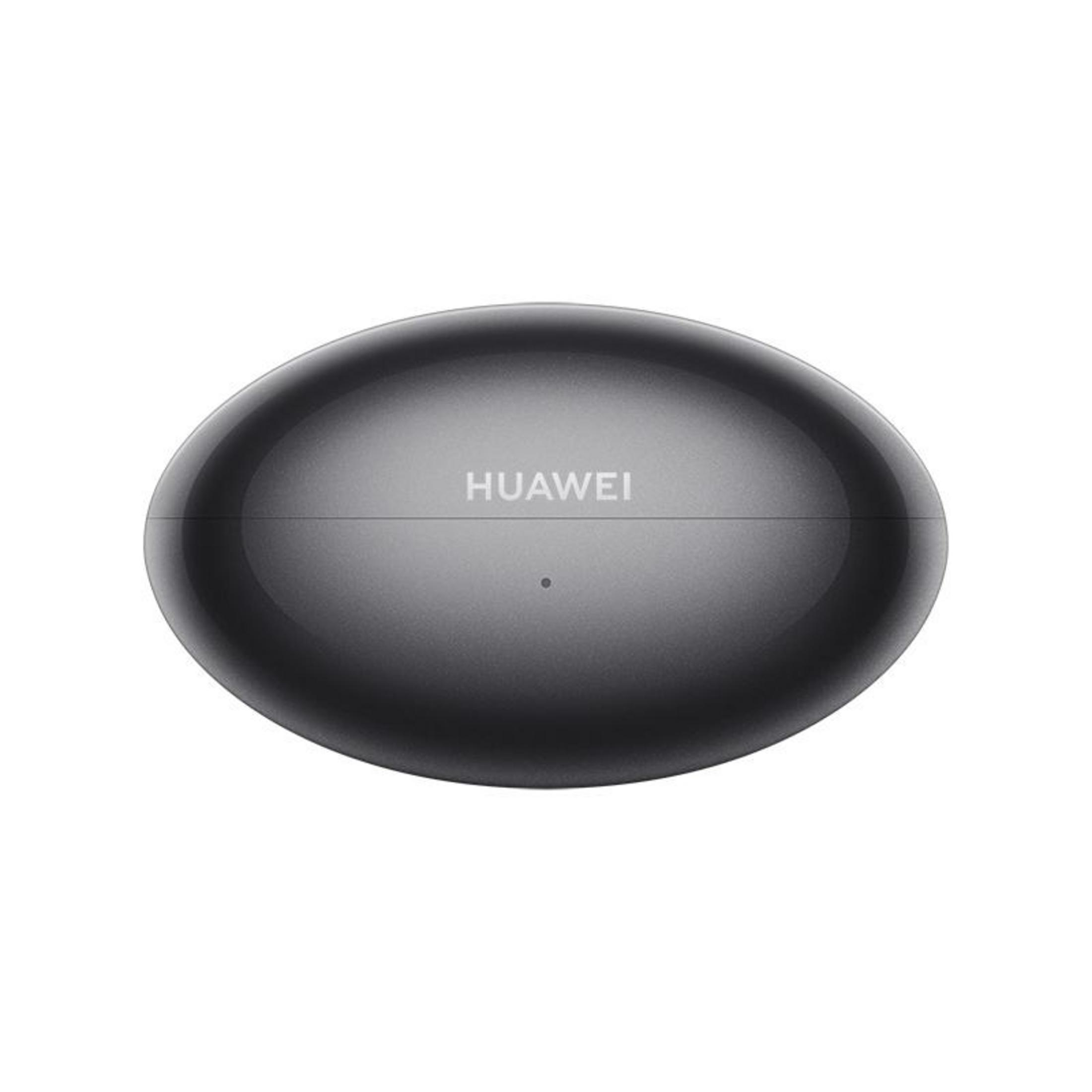 Un estuche de carga ovalado y negro para auriculares Huawei sobre fondo blanco con una pequeña luz LED.