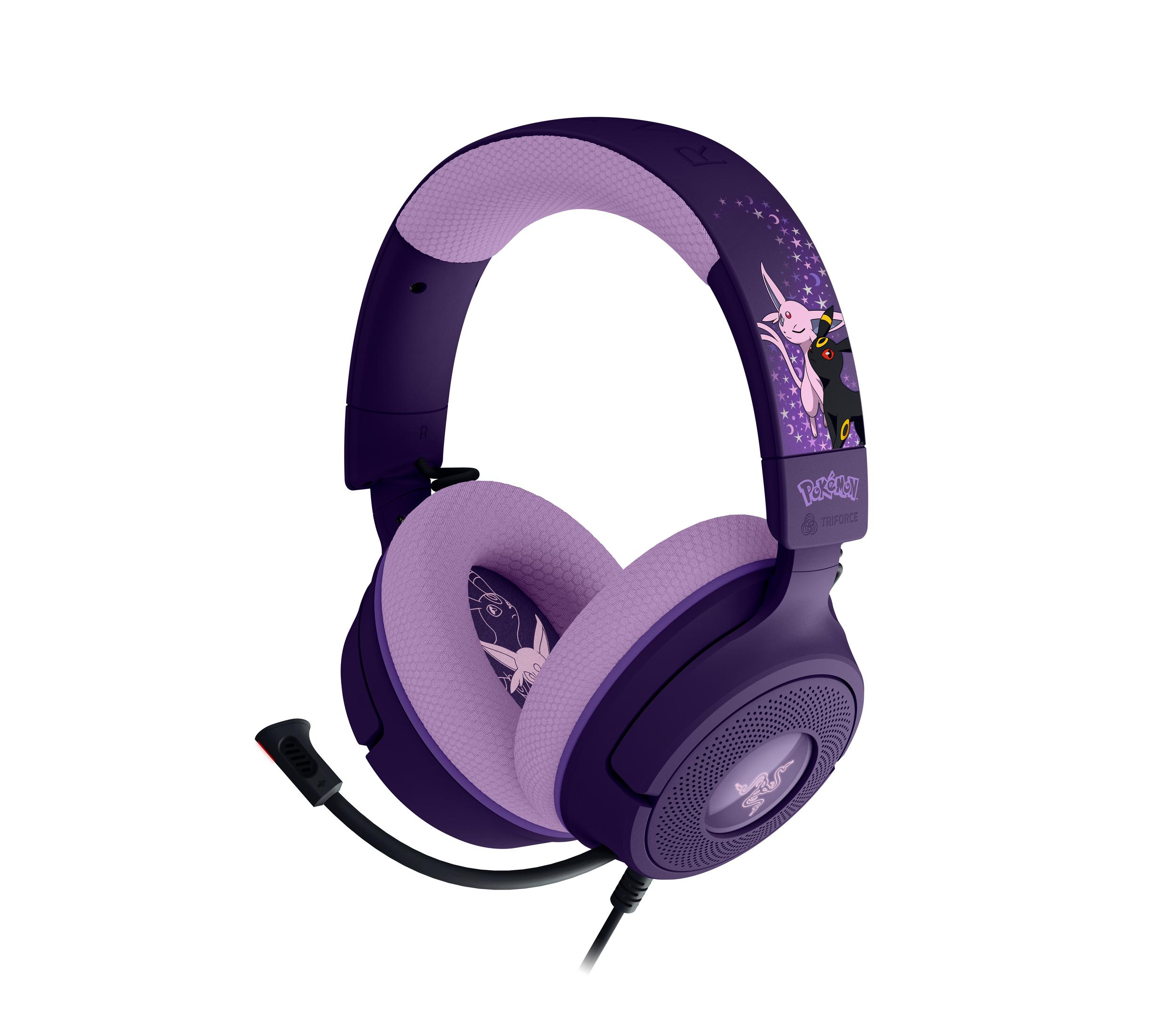 Casque de jeu Pokémon violet avec microphone, arborant des images d'Espeon et d'Umbreon.