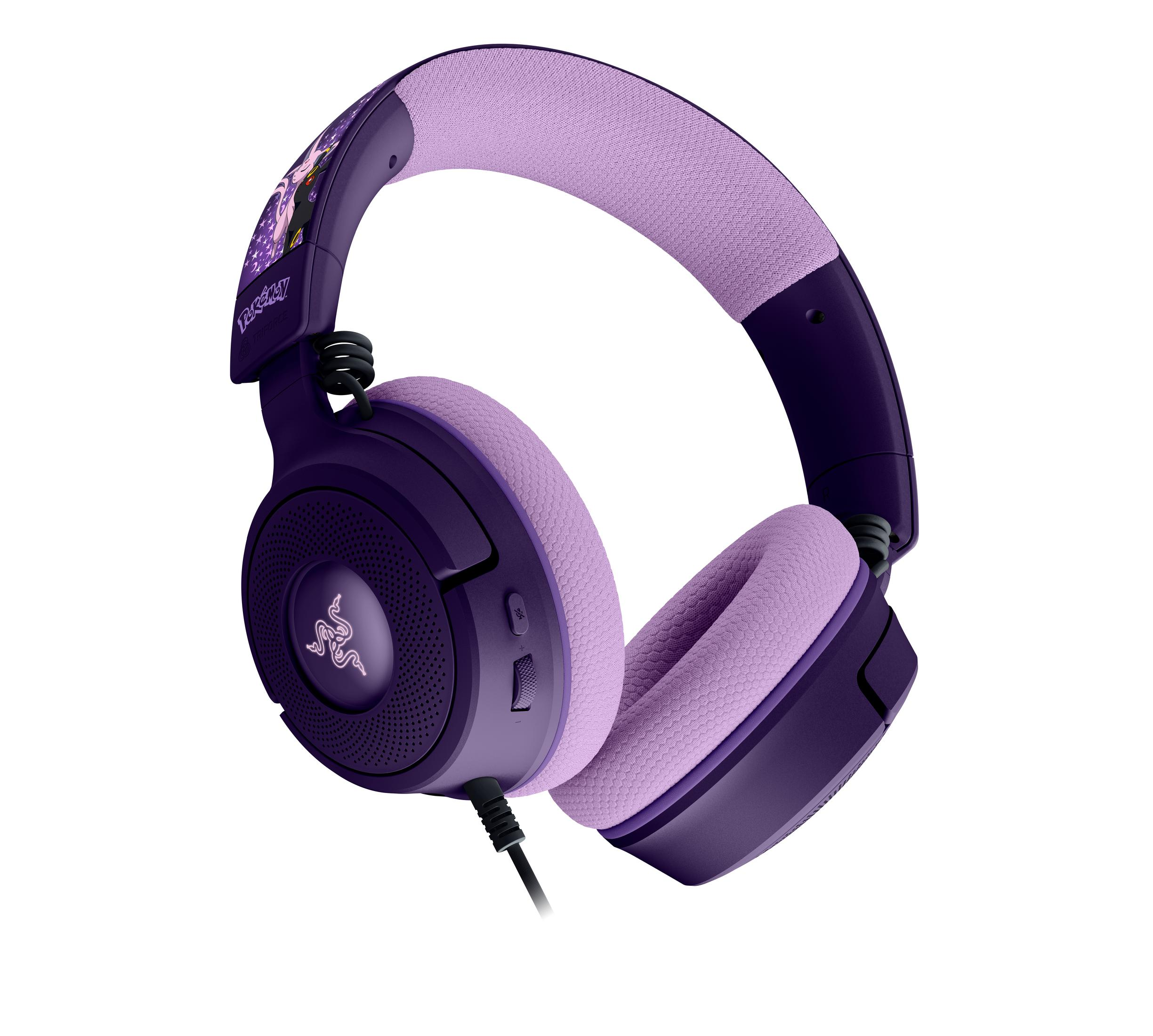 Casque de jeu violet avec design Pokémon et arceau rembourré sur fond blanc.