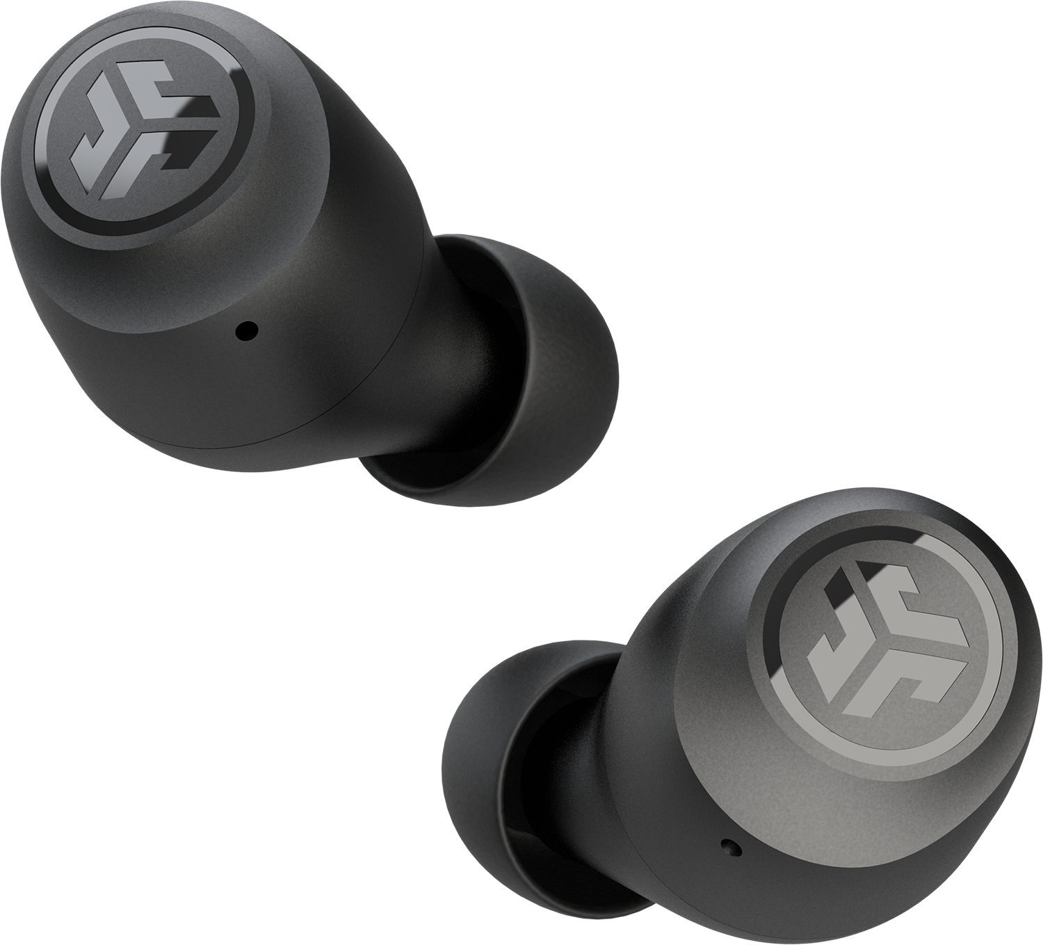 Dos auriculares inalámbricos negros con logo sobre fondo negro.