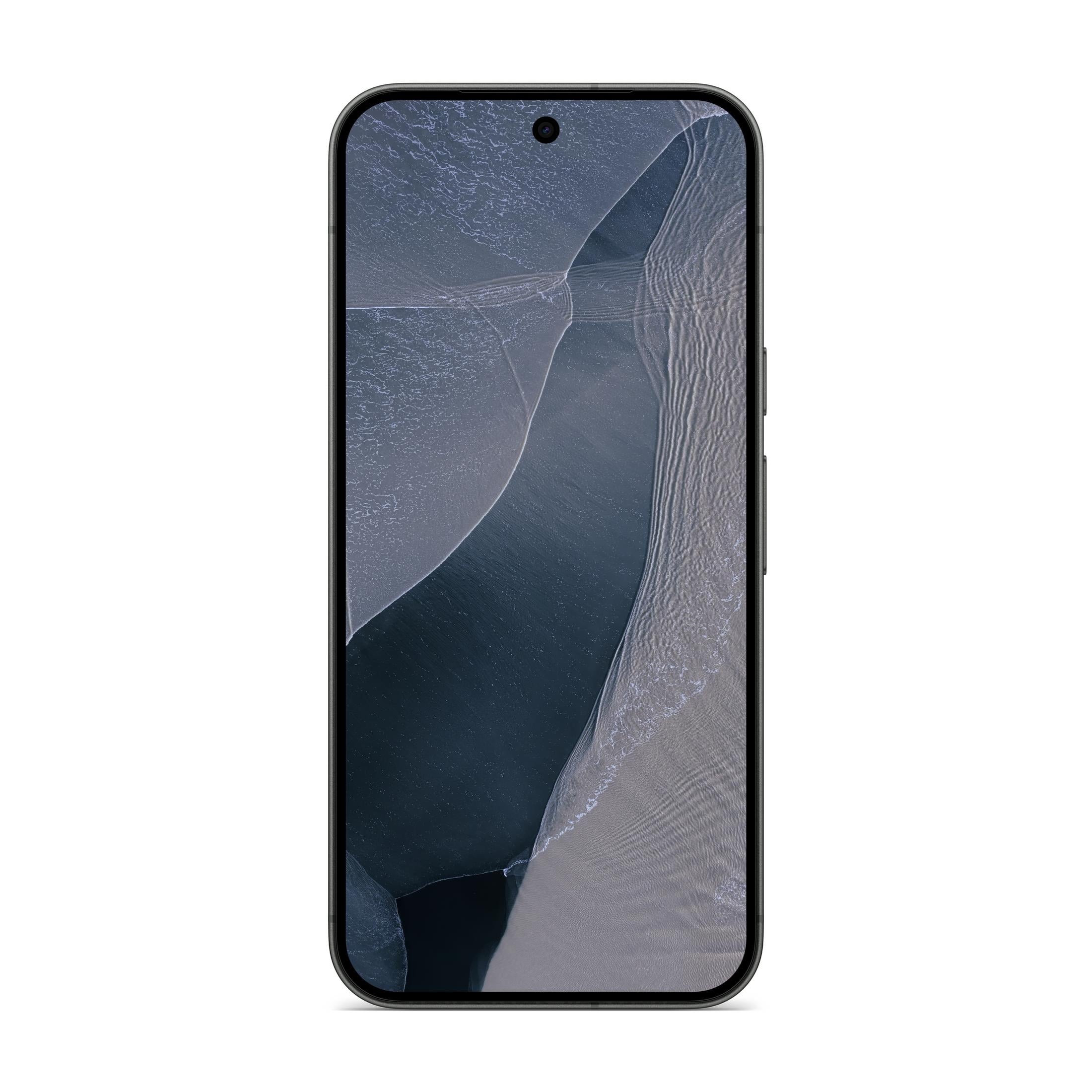 Smartfon wyświetlający abstrakcyjną tapetę przedstawiającą szare fale i piasek.