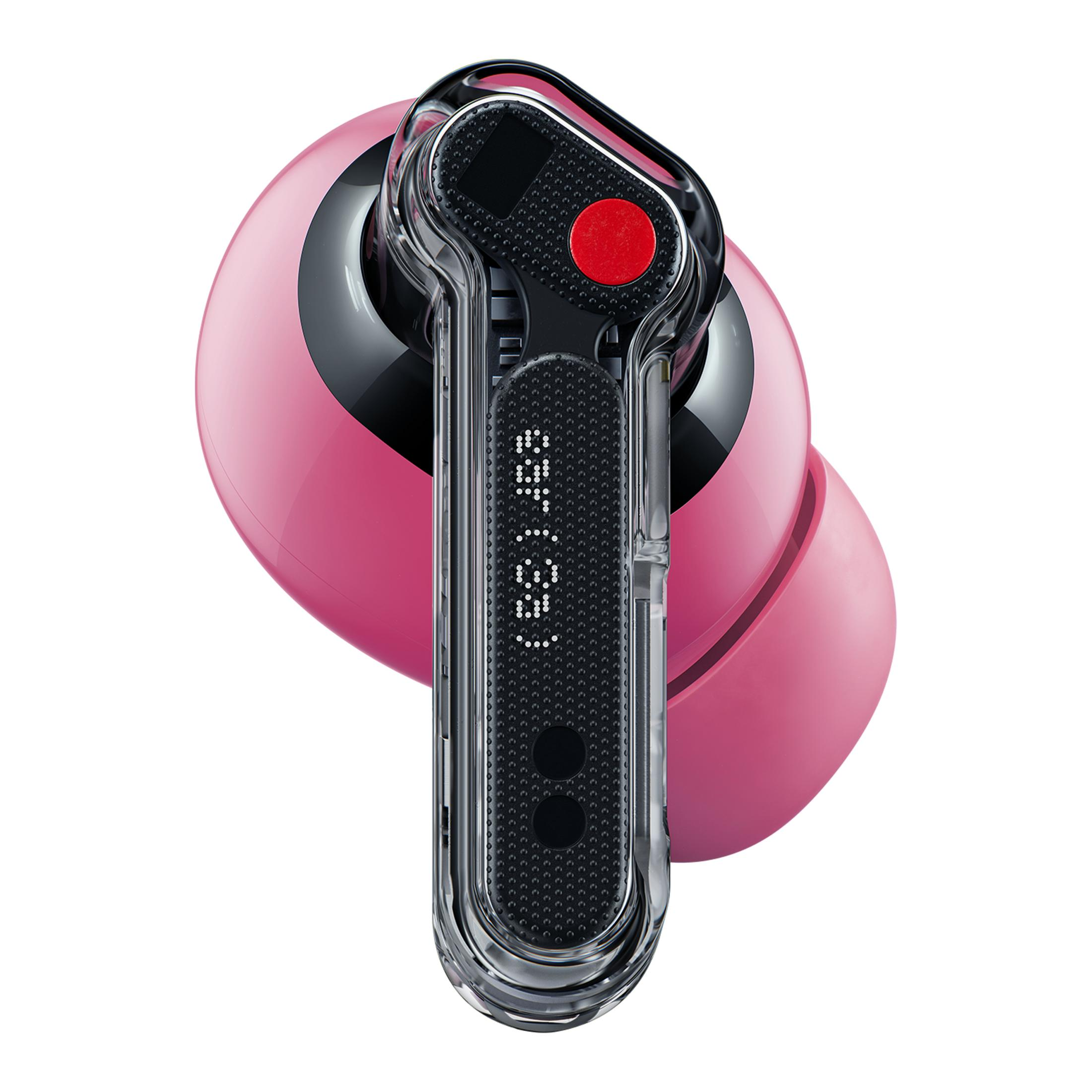 Un auricular rosa con carcasa transparente, vástago negro y un botón circular rojo en la parte superior.