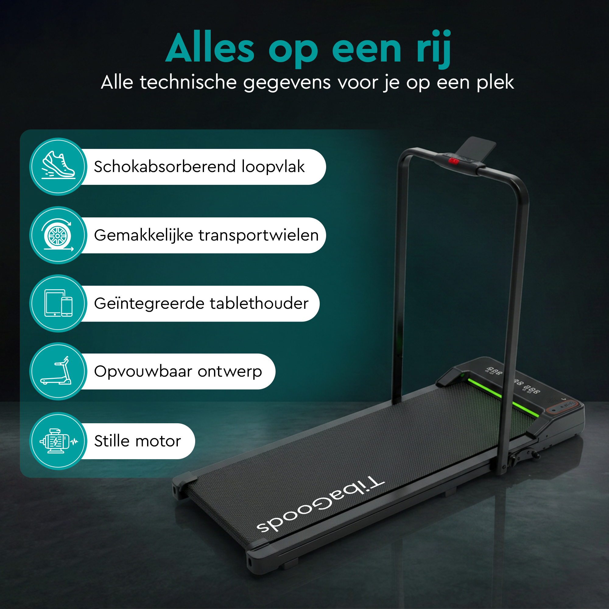 Un tapis roulant nero con cinque icone di funzioni e testo su uno sfondo scuro.
