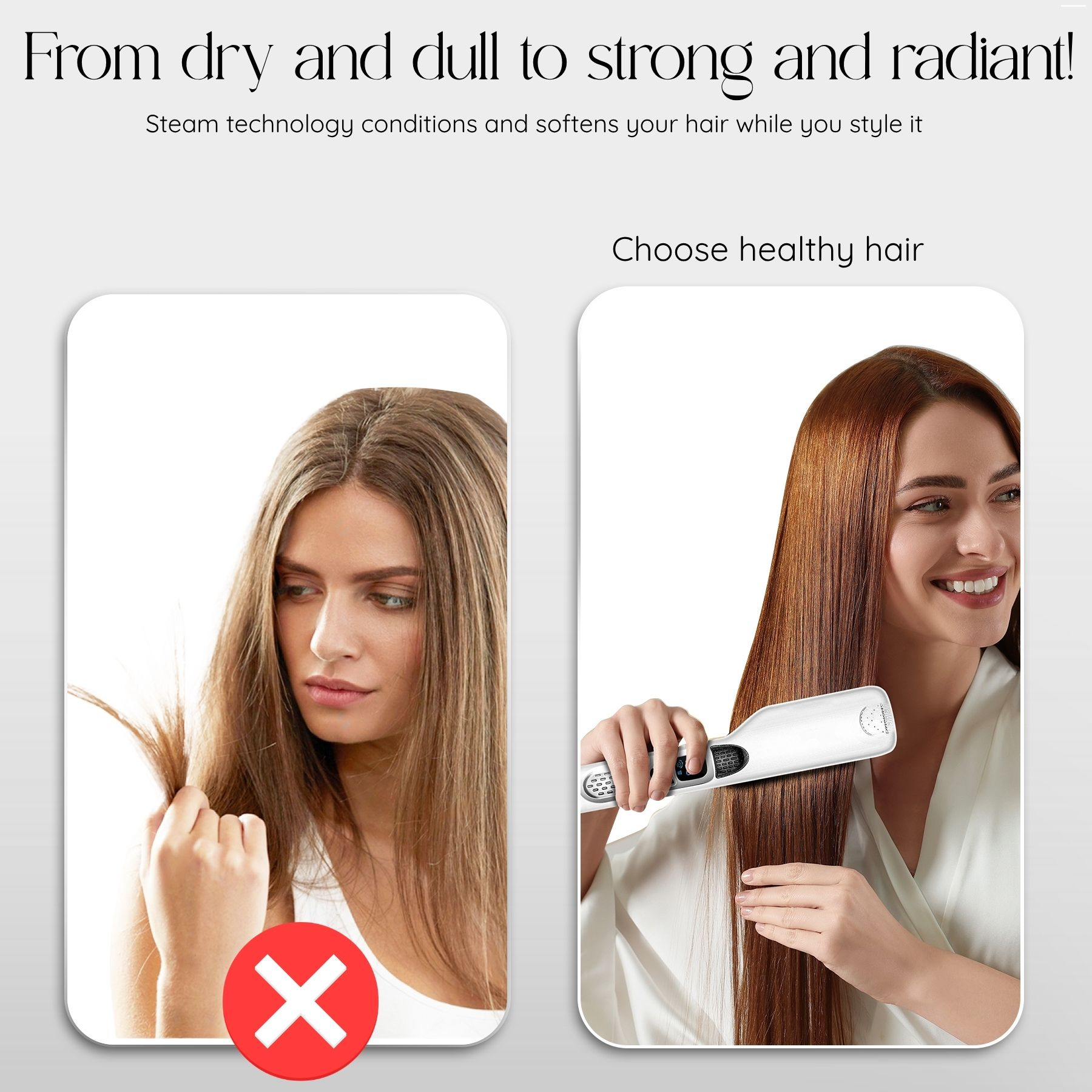 Comparaison de cheveux secs avec une croix rouge et de cheveux sains lissés au fer.