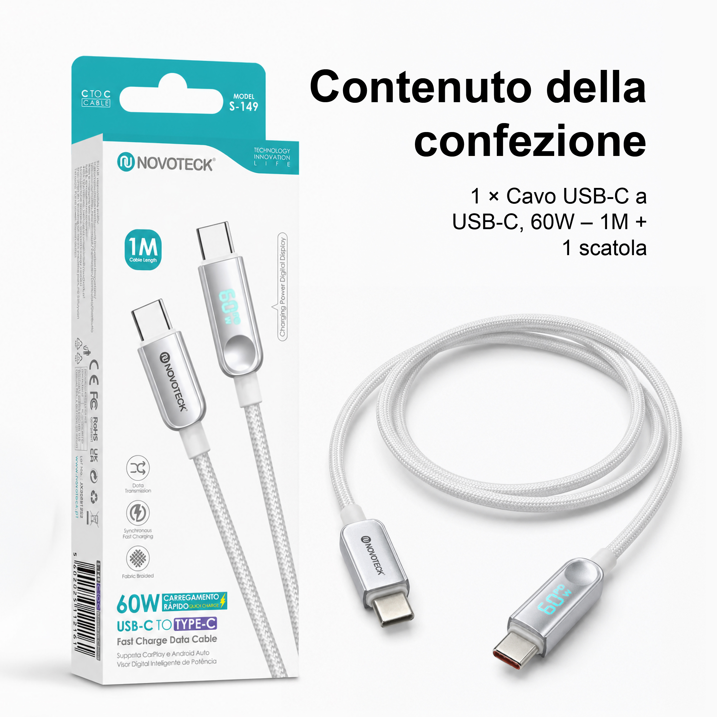 Cavo di ricarica USB-C Novoteck in scatola con testo in italiano.