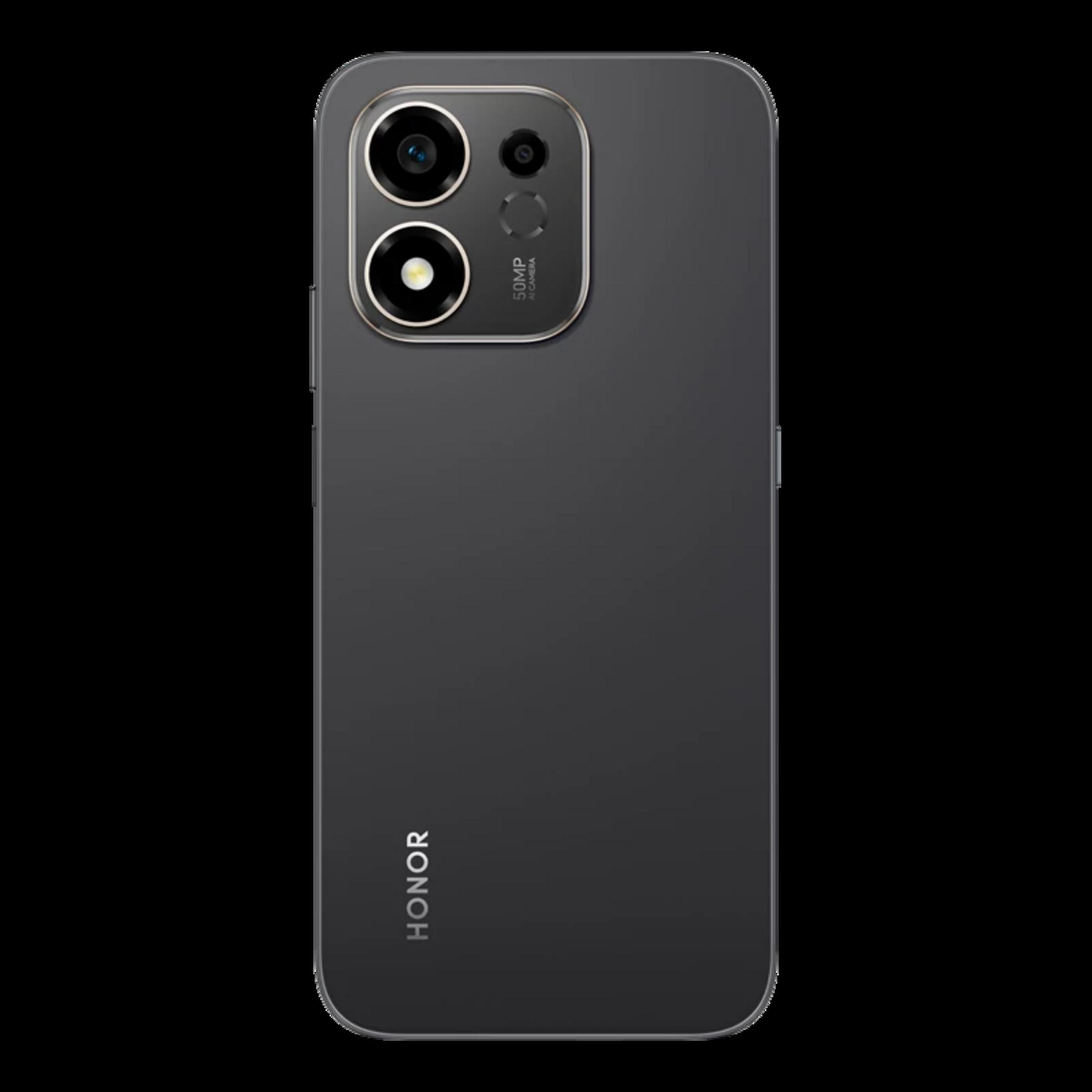 Parte trasera de un smartphone Honor gris oscuro con cámara dual y logo blanco.