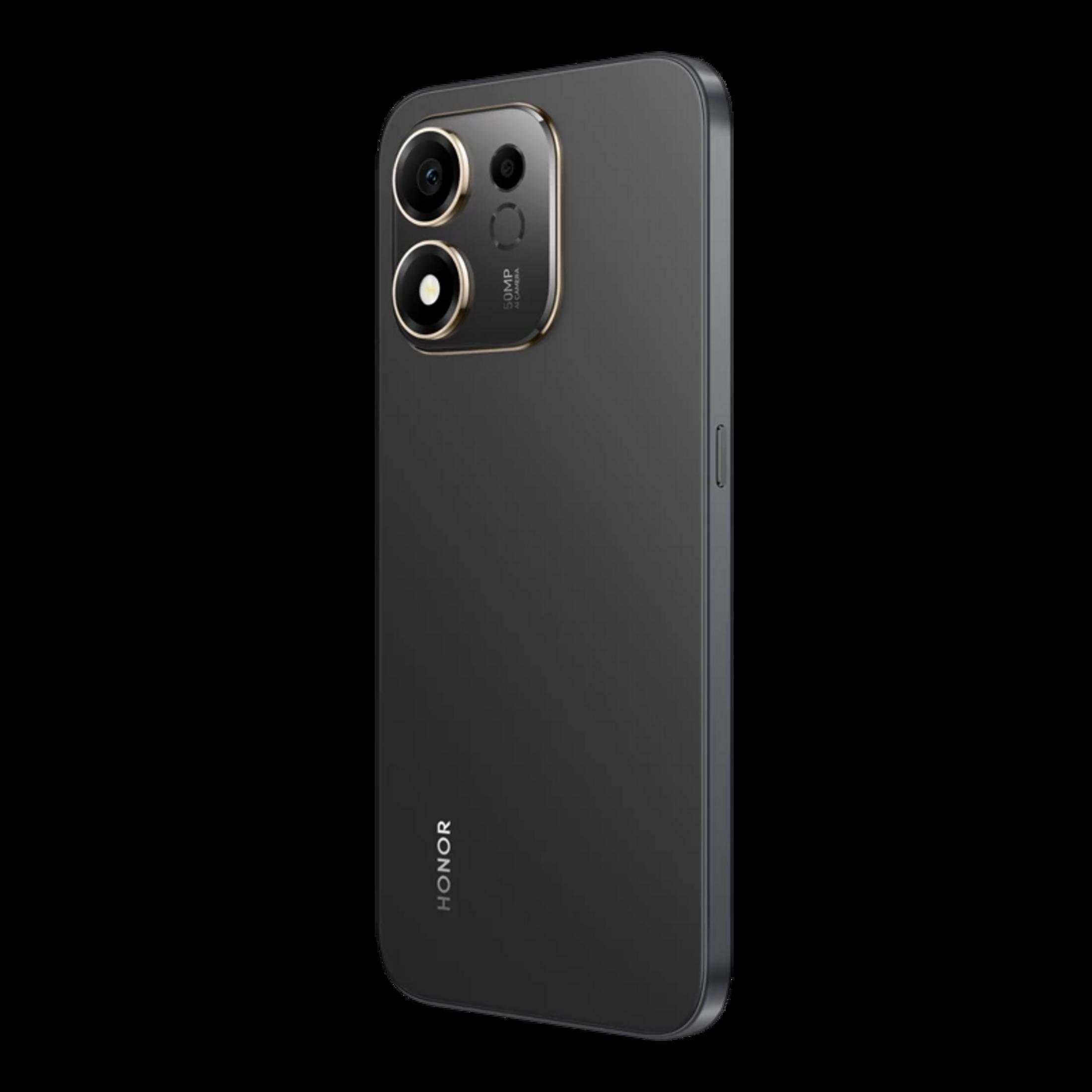 Parte trasera de un smartphone Honor negro con doble cámara y anillos dorados sobre fondo negro.