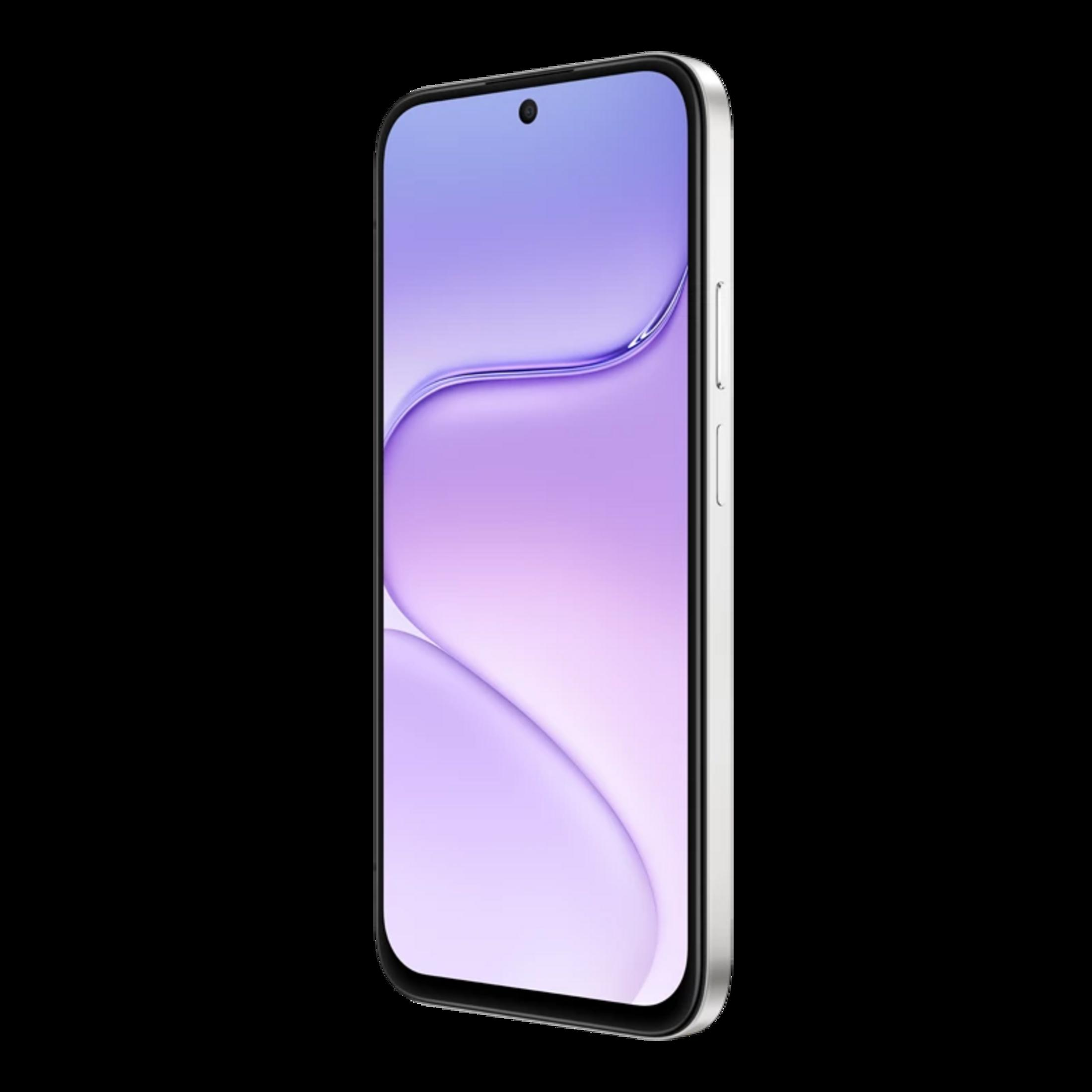 Un elegante smartphone blanco con un fondo de pantalla de onda morada, visto en perspectiva sobre fondo negro.