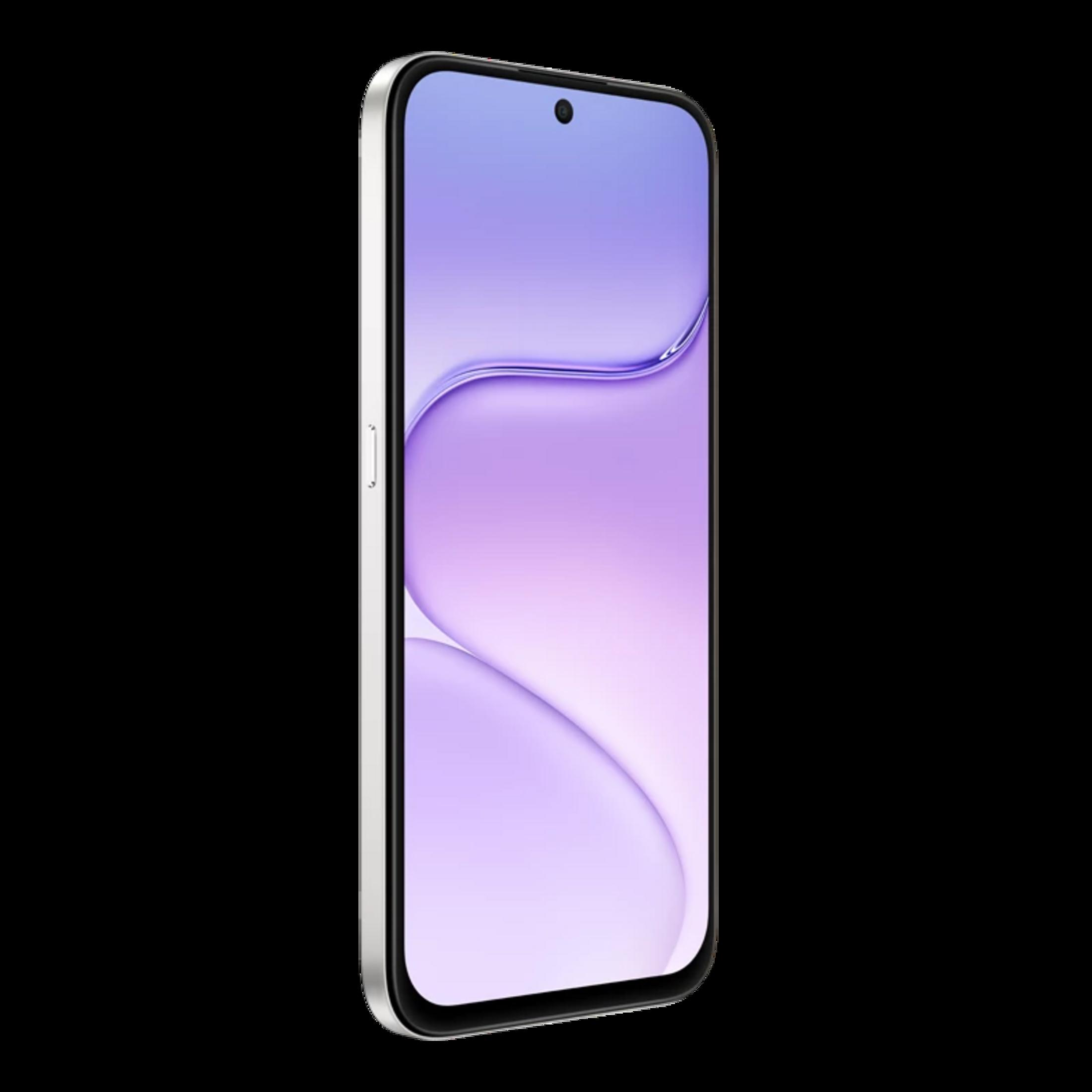 Un teléfono inteligente con borde plateado y pantalla lila con patrón abstracto.