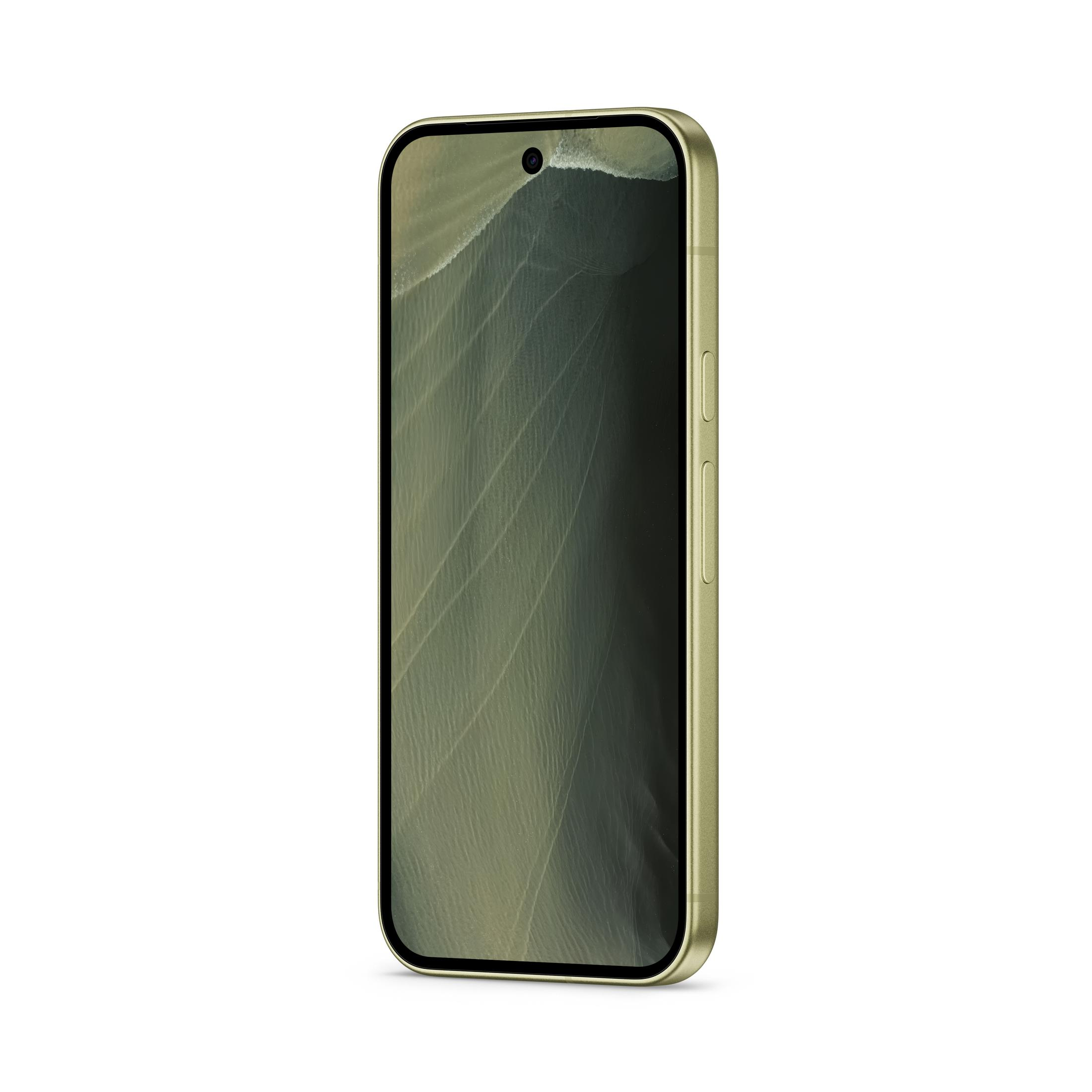Złoty smartfon stojący na białym tle z zielonym, abstrakcyjnym ekranem.