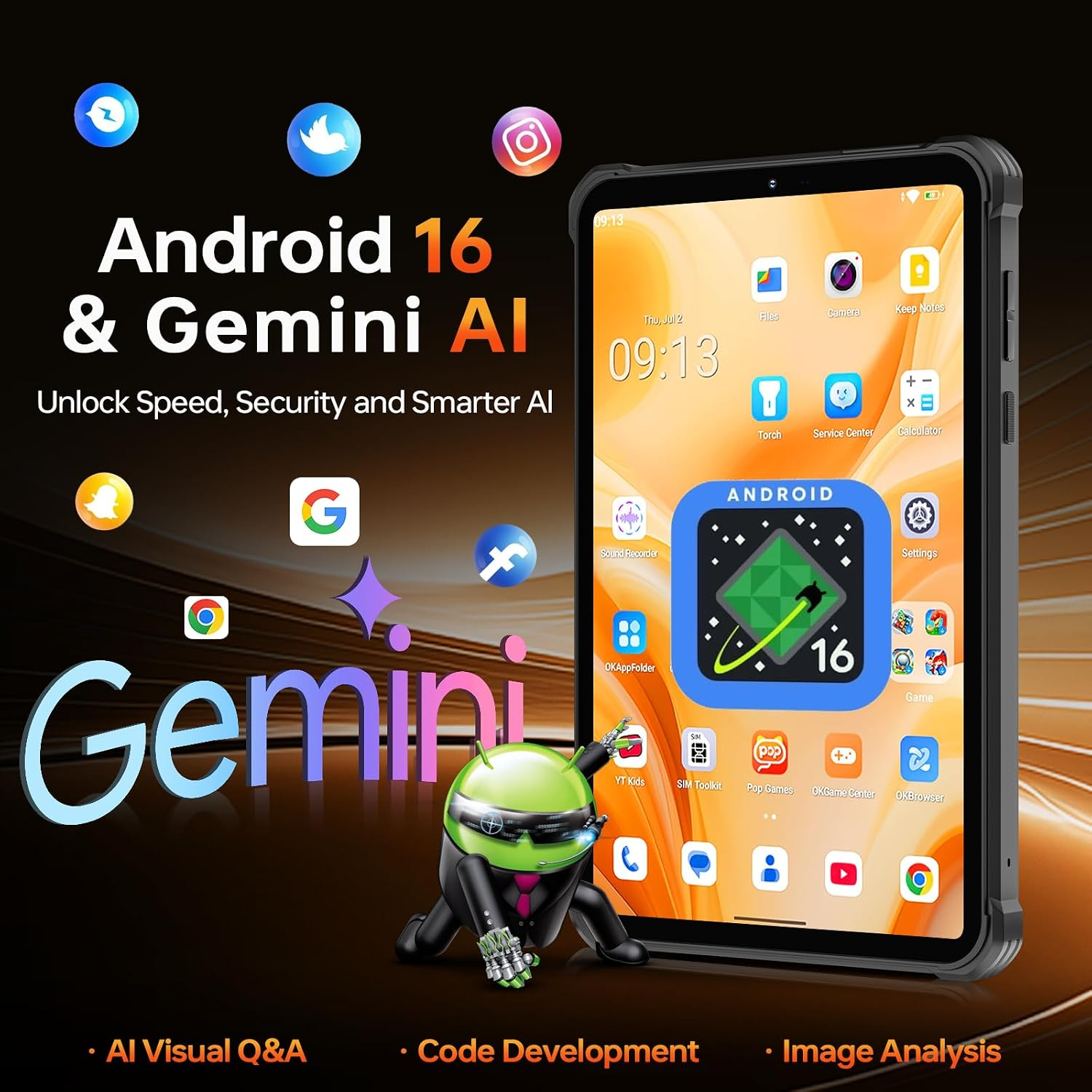 Una tableta con Android 16 y Gemini AI, rodeada de logotipos de aplicaciones y un robot.
