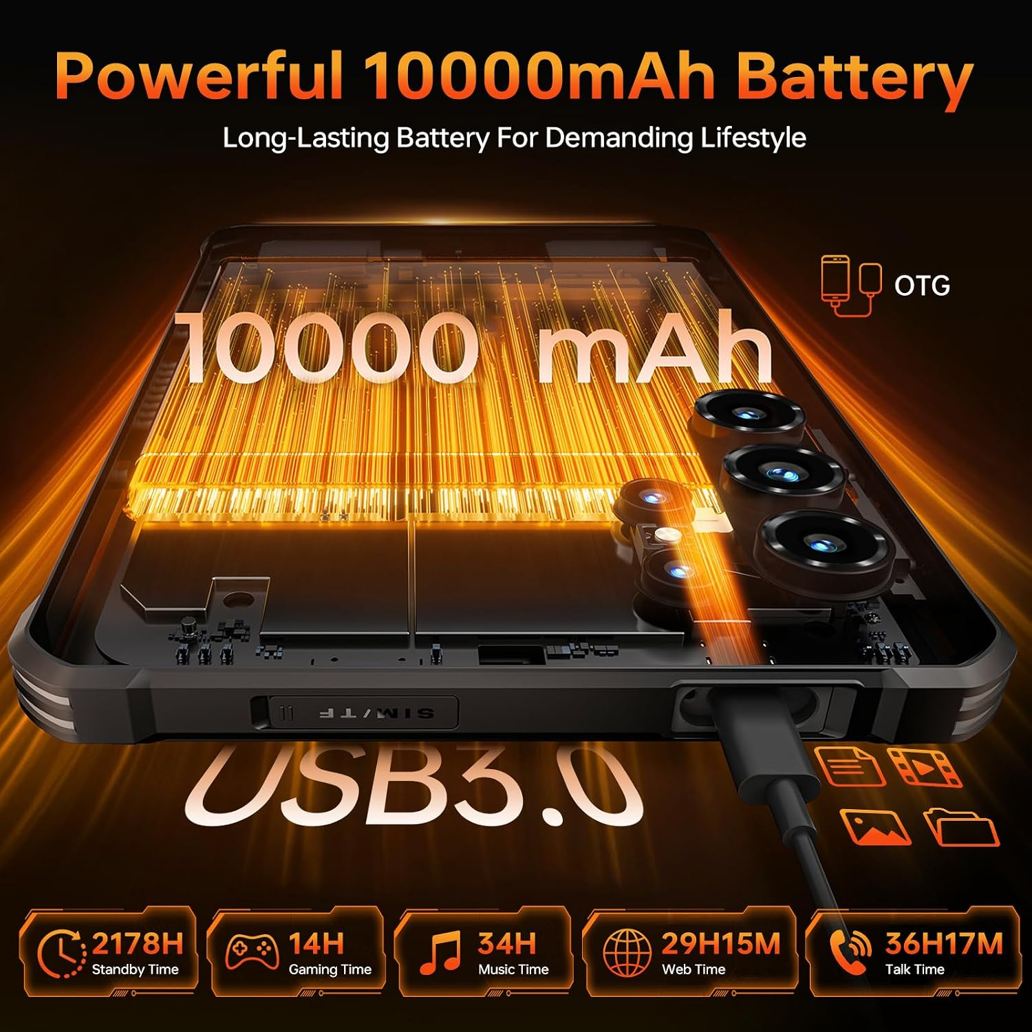 Un teléfono con batería de 10000mAh, USB 3.0 y estadísticas de duración en naranja.