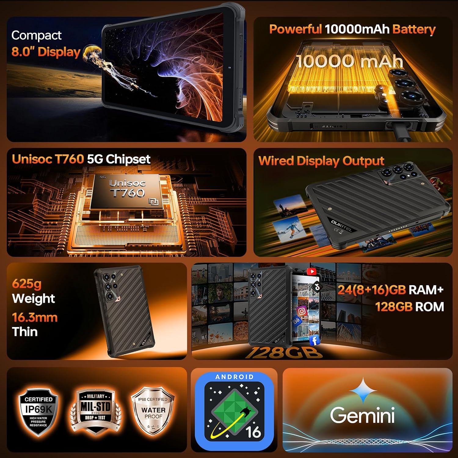 Características de una tableta resistente incluyendo batería, chipset, RAM, pantalla y durabilidad.