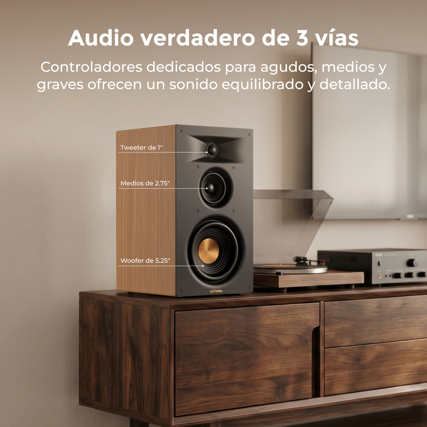 Un altavoz de madera sobre un mueble con etiquetas que indican el tweeter, el altavoz de medios y el woofer.