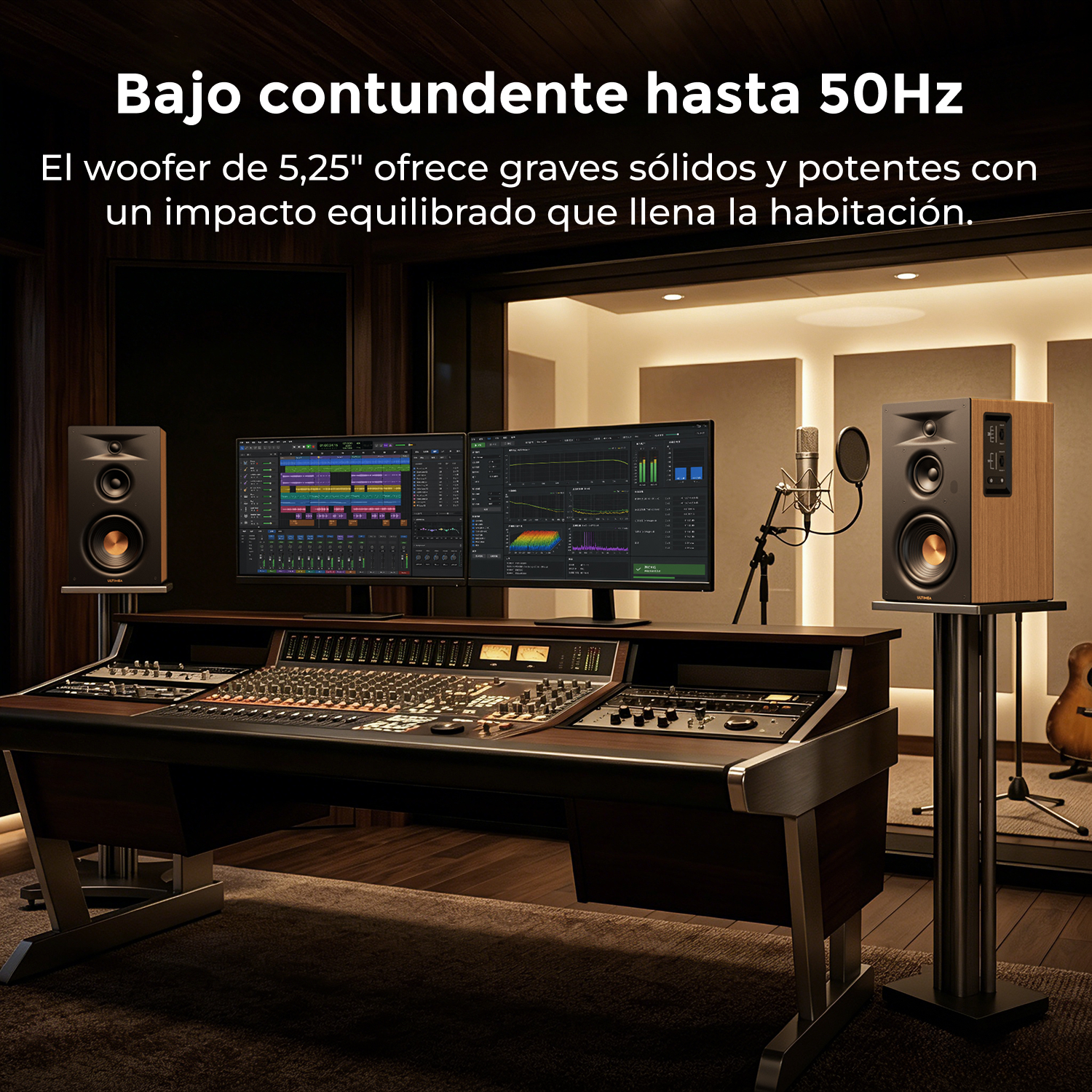 Estudio de grabación con gran mesa de mezclas, monitores dobles, micrófono y dos altavoces.