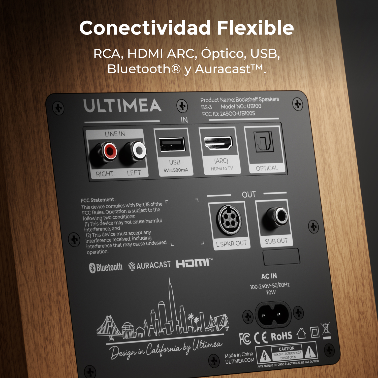 Panel trasero de un altavoz Ultimea con puertos RCA, USB, HDMI ARC, óptico y entrada de alimentación.