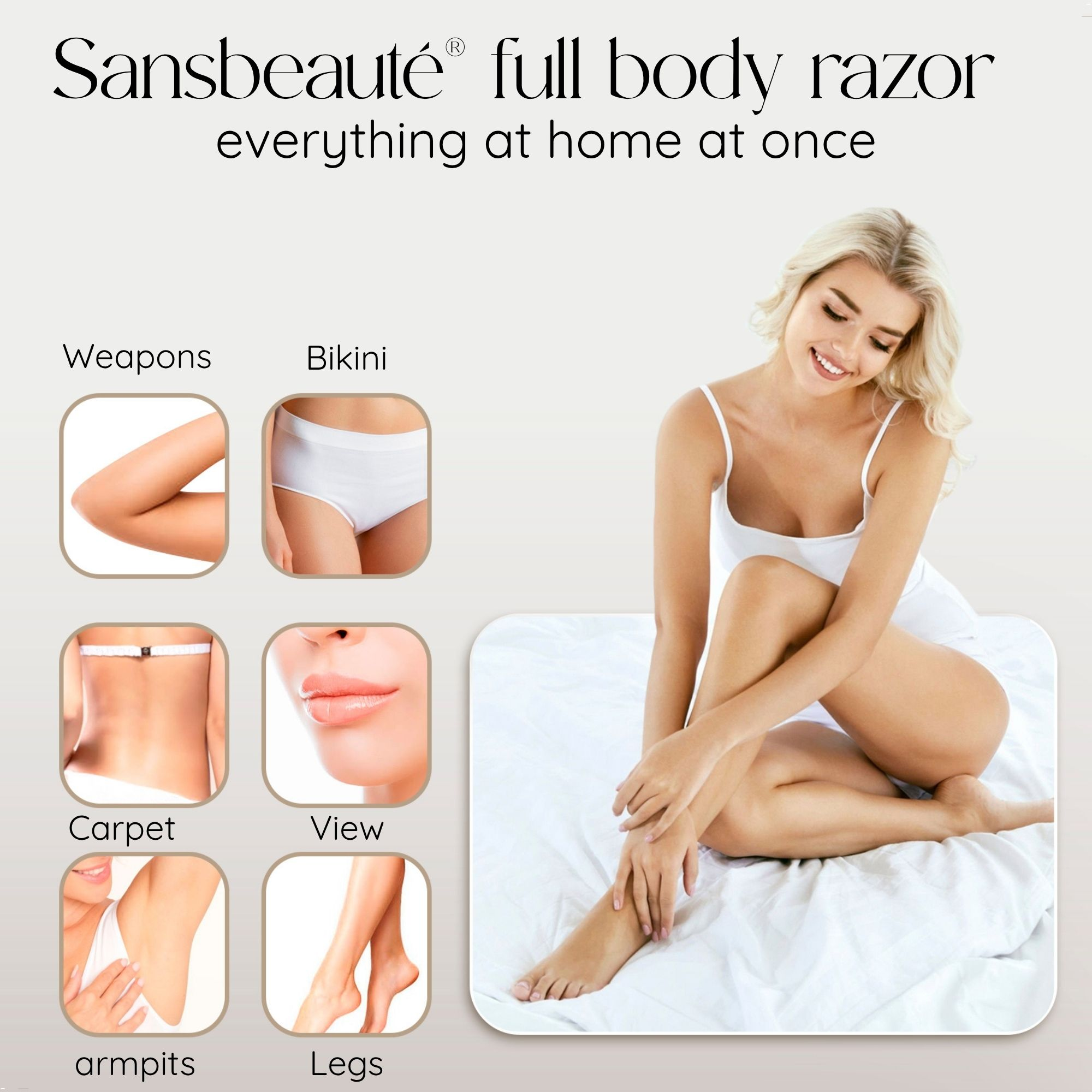 A blonde woman in white clothing sits on a bed, surrounded by six smaller inset images showing various body parts.