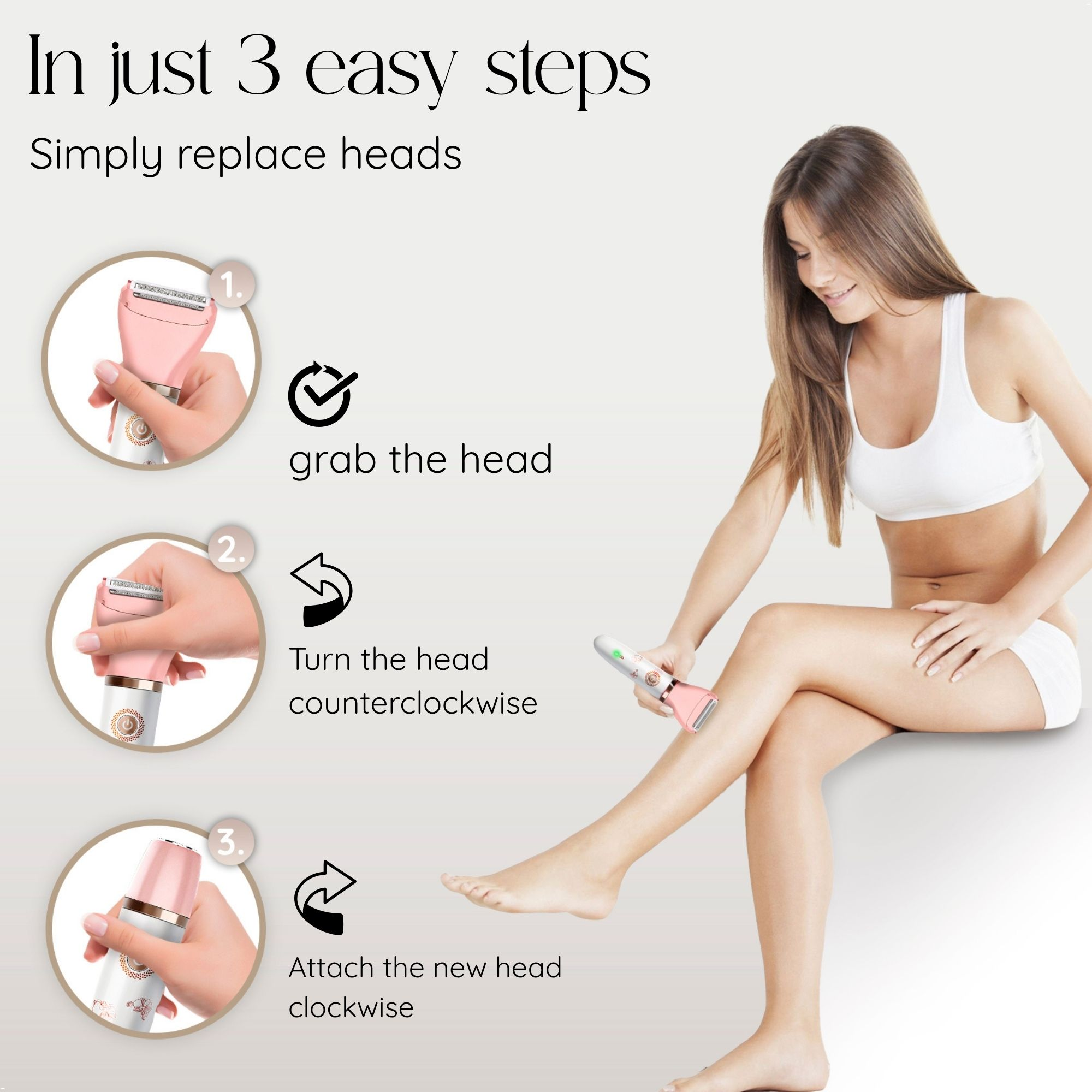 A woman in white underwear demonstrates using a pink epilator in three step-by-step images.