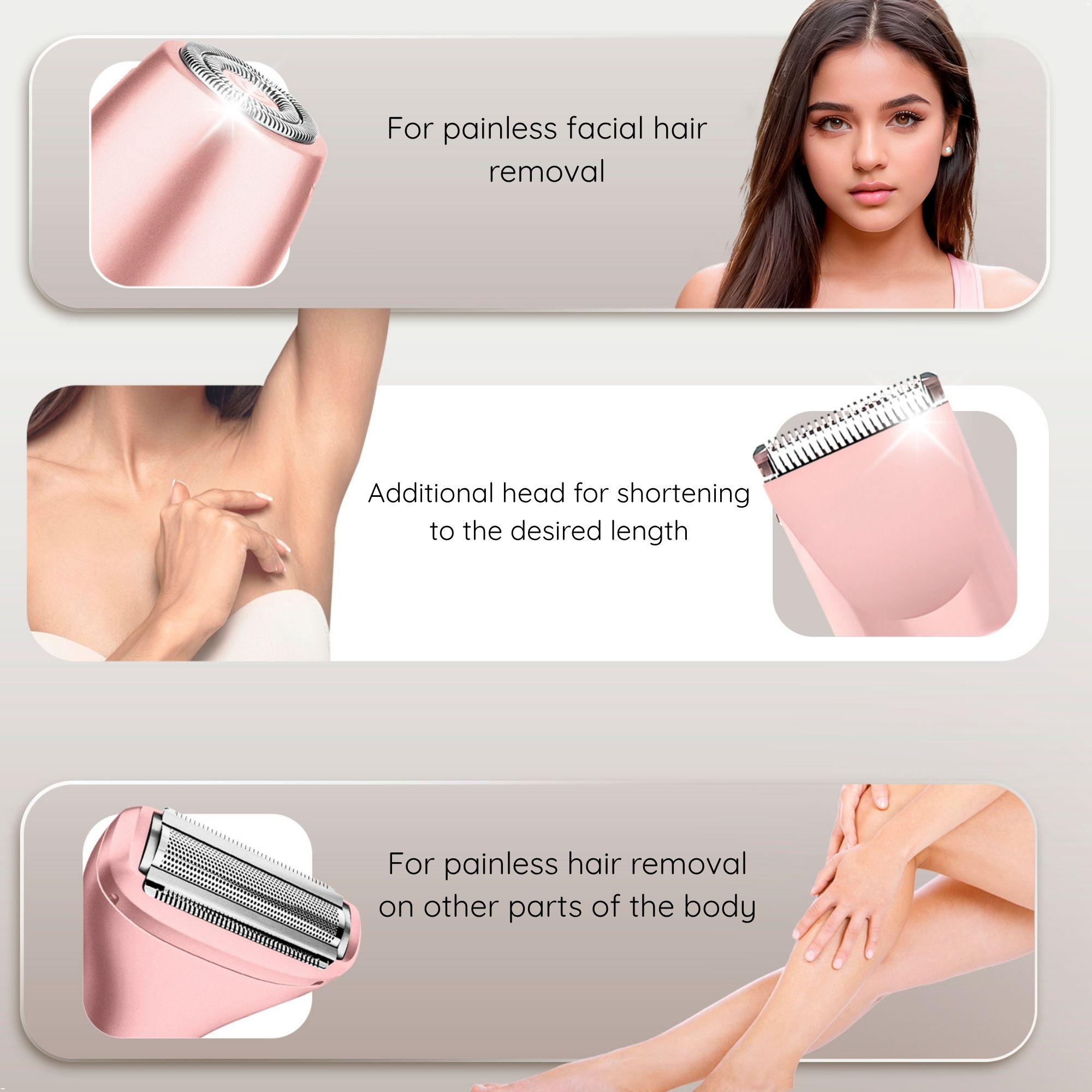Infografik zeigt einen rosa Haarentferner mit Aufsätzen für Gesicht, Achseln und Körper mit Models.